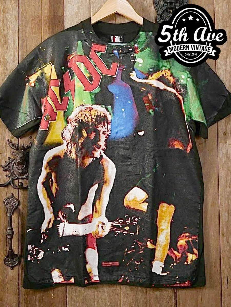 AC DC s Angus Young Shreds in All Over Print Tee Vintage Band Shirts