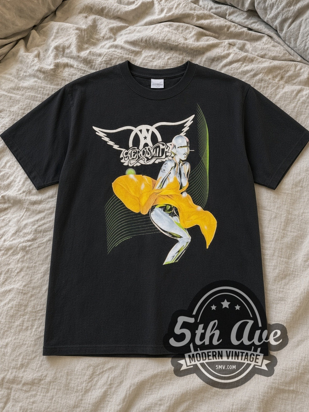 Black Aerosmith Just Push Play Tour 2001 Vintage Band T-Shirt laid flat on a linen bed