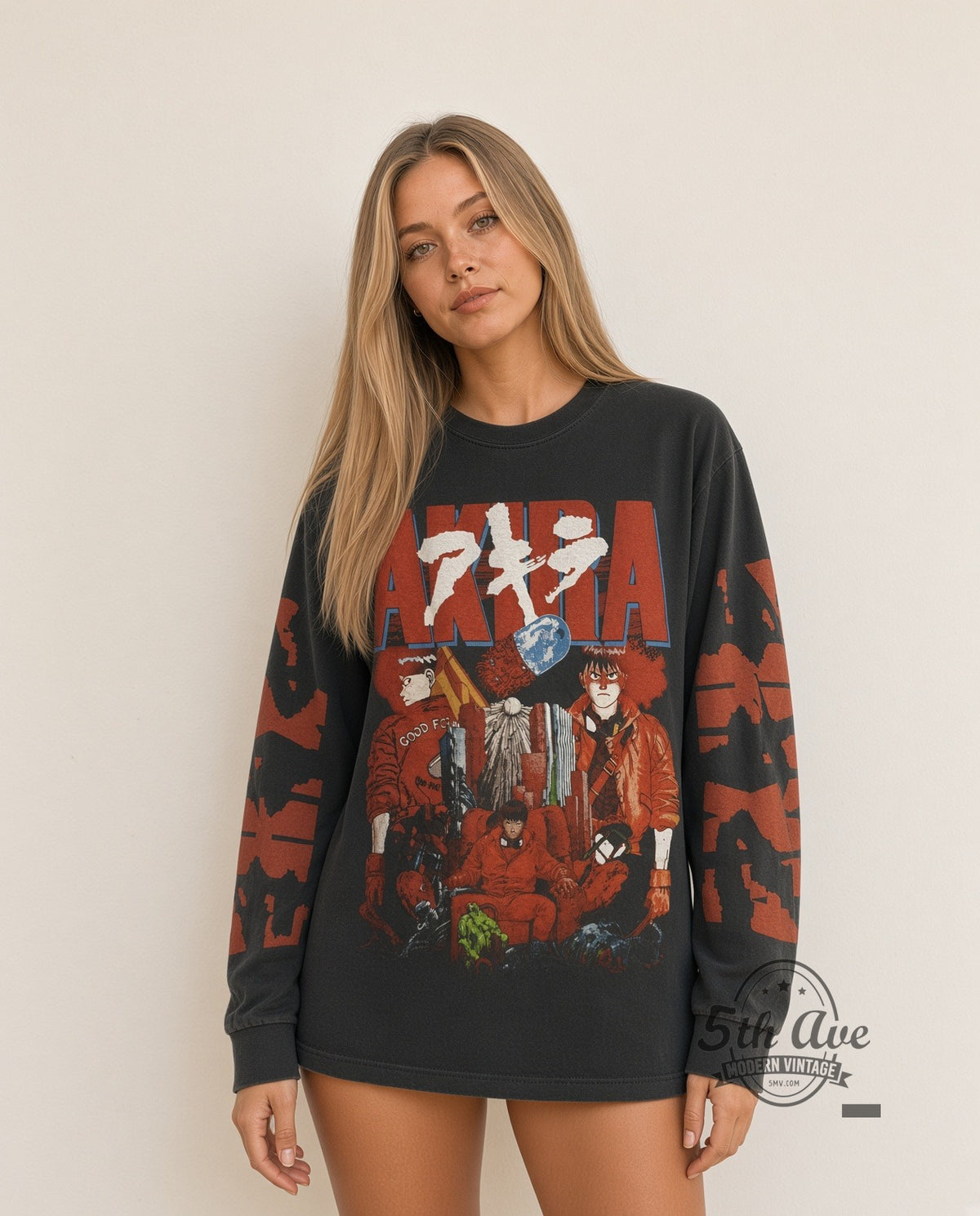 Model wearing Akira Good for Health Bad for Education Pill Long Sleeve vintage anime tee
