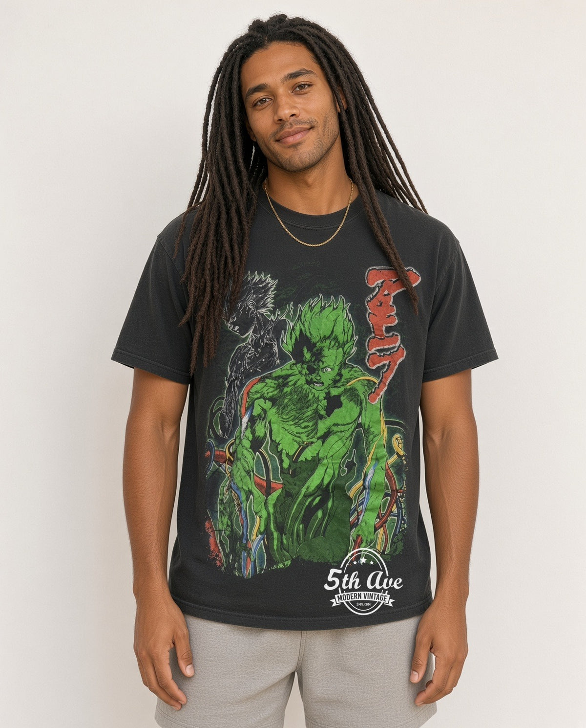 Model wearing Akira Green Mutated Tetsuo Mech Arm vintage t-shirt