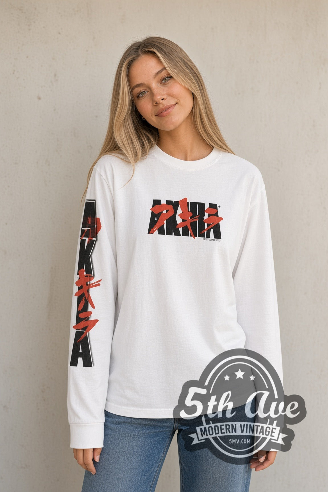 Woman wearing white Akira vintage anime long sleeve t-shirt