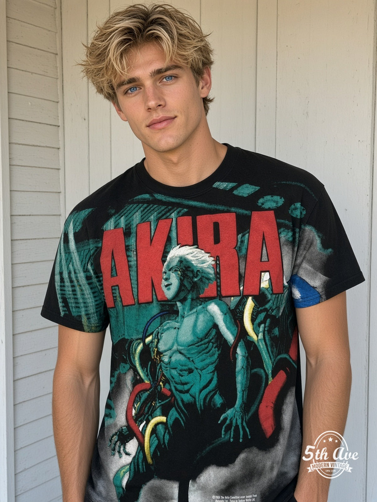 Akira Teal Character all over print vintage tee model wearing