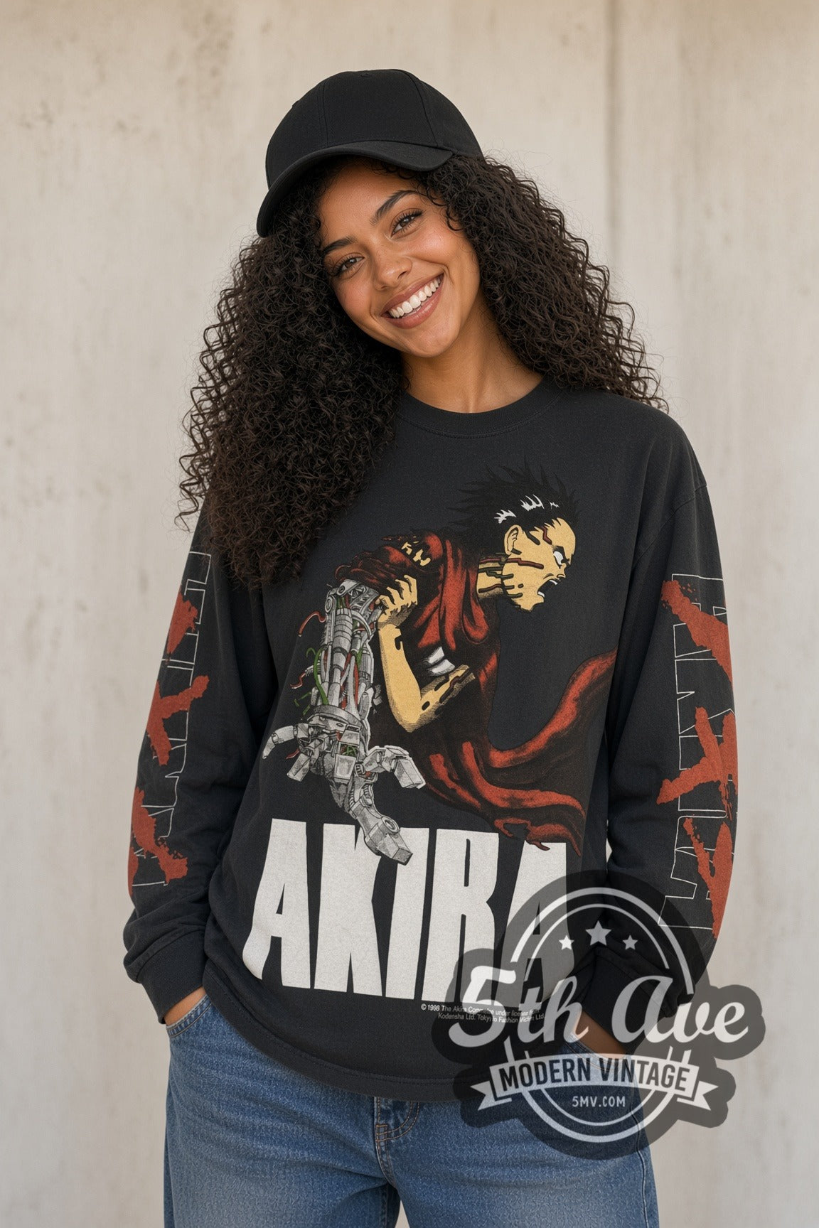 Woman wearing black Akira Tetsuo Robot Arm & Katakana Back vintage reprint anime tee