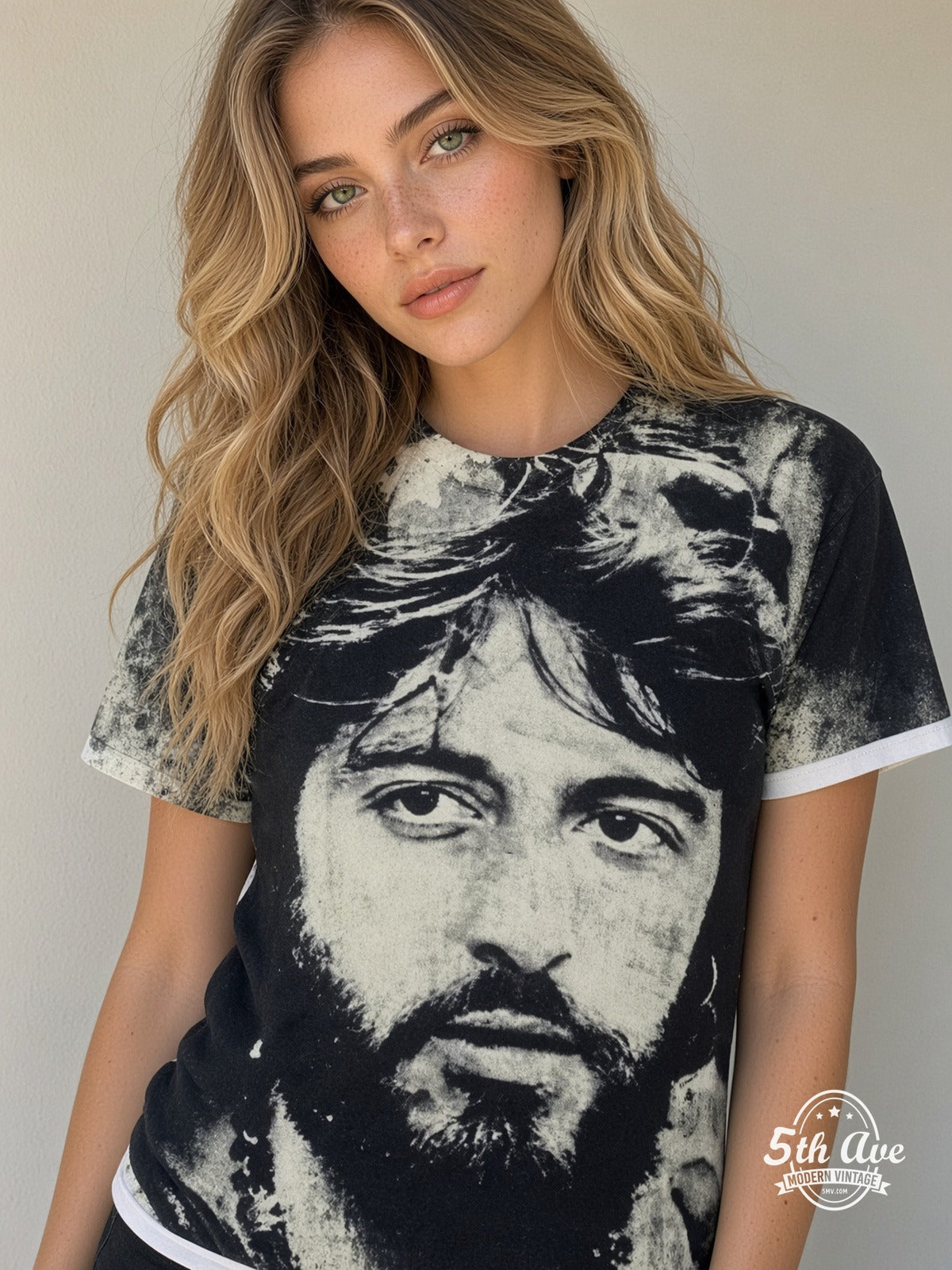 Al Pacino Serpico Sunglasses all over print vintage tee model wearing