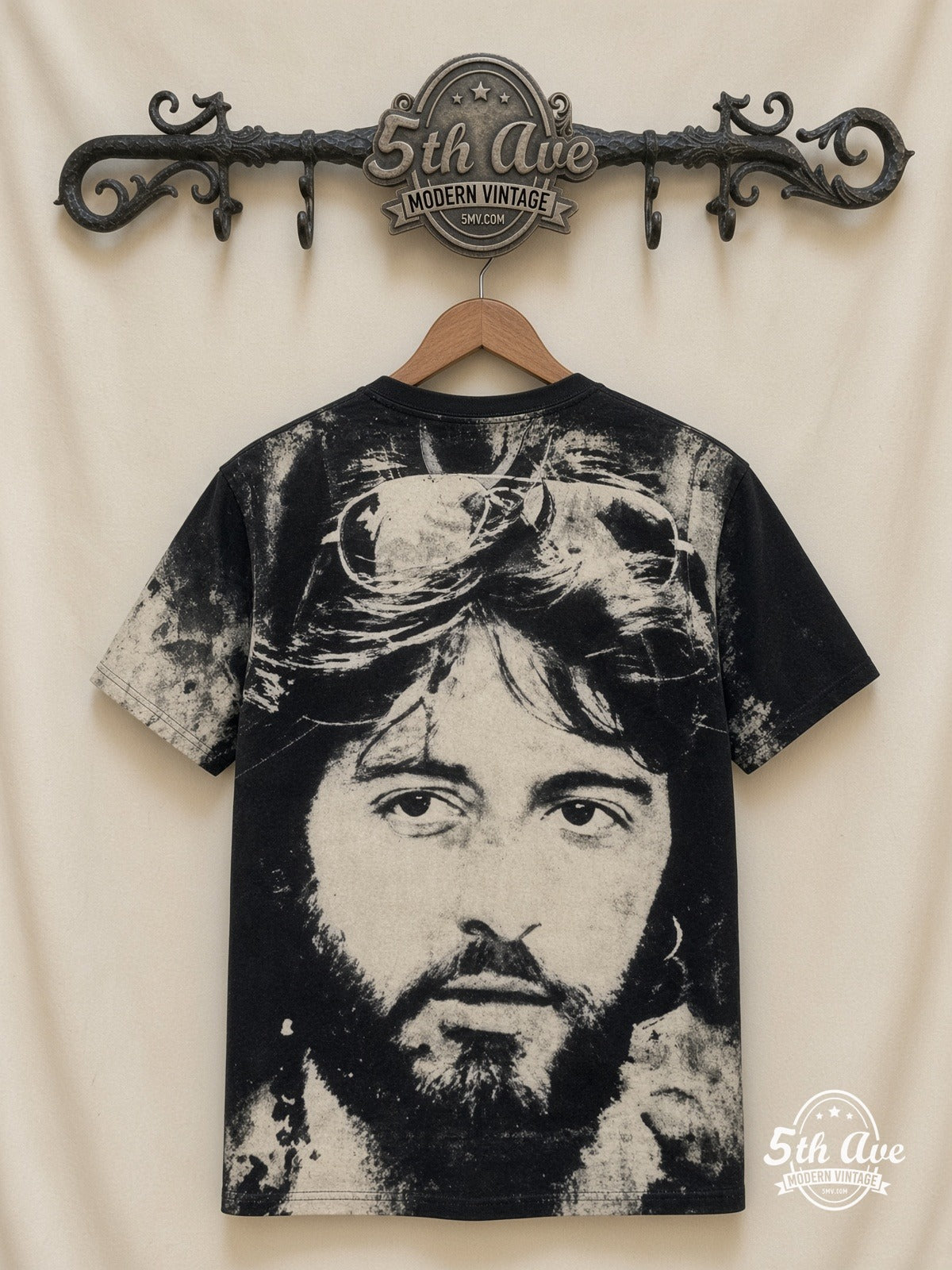 Al Pacino Serpico Sunglasses all over print vintage tee back on cream 5th Ave rack