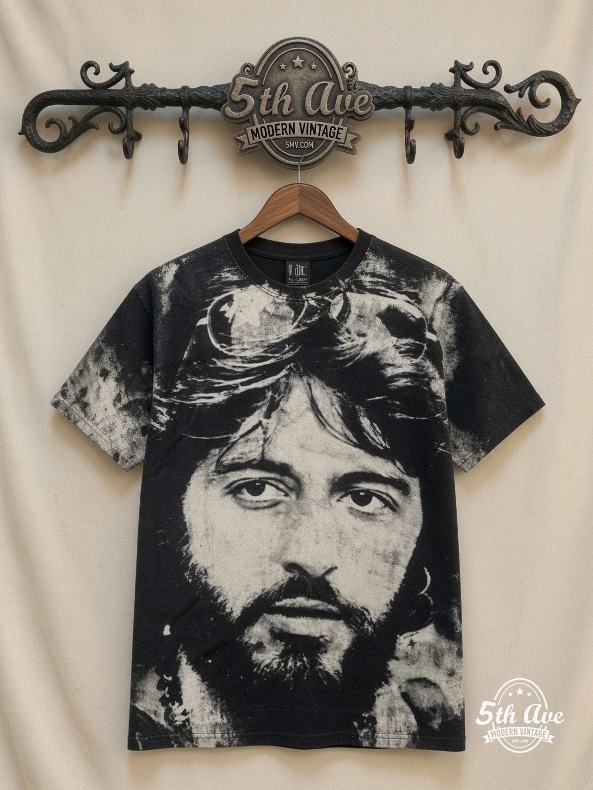 Al Pacino Serpico Sunglasses all over print vintage graphic tee front on cream 5th Ave rack