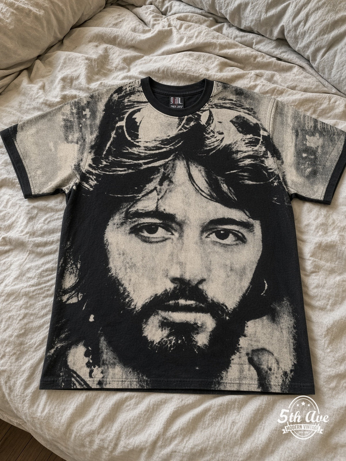 Al Pacino Serpico Sunglasses Variant all over print vintage tee laid on bed