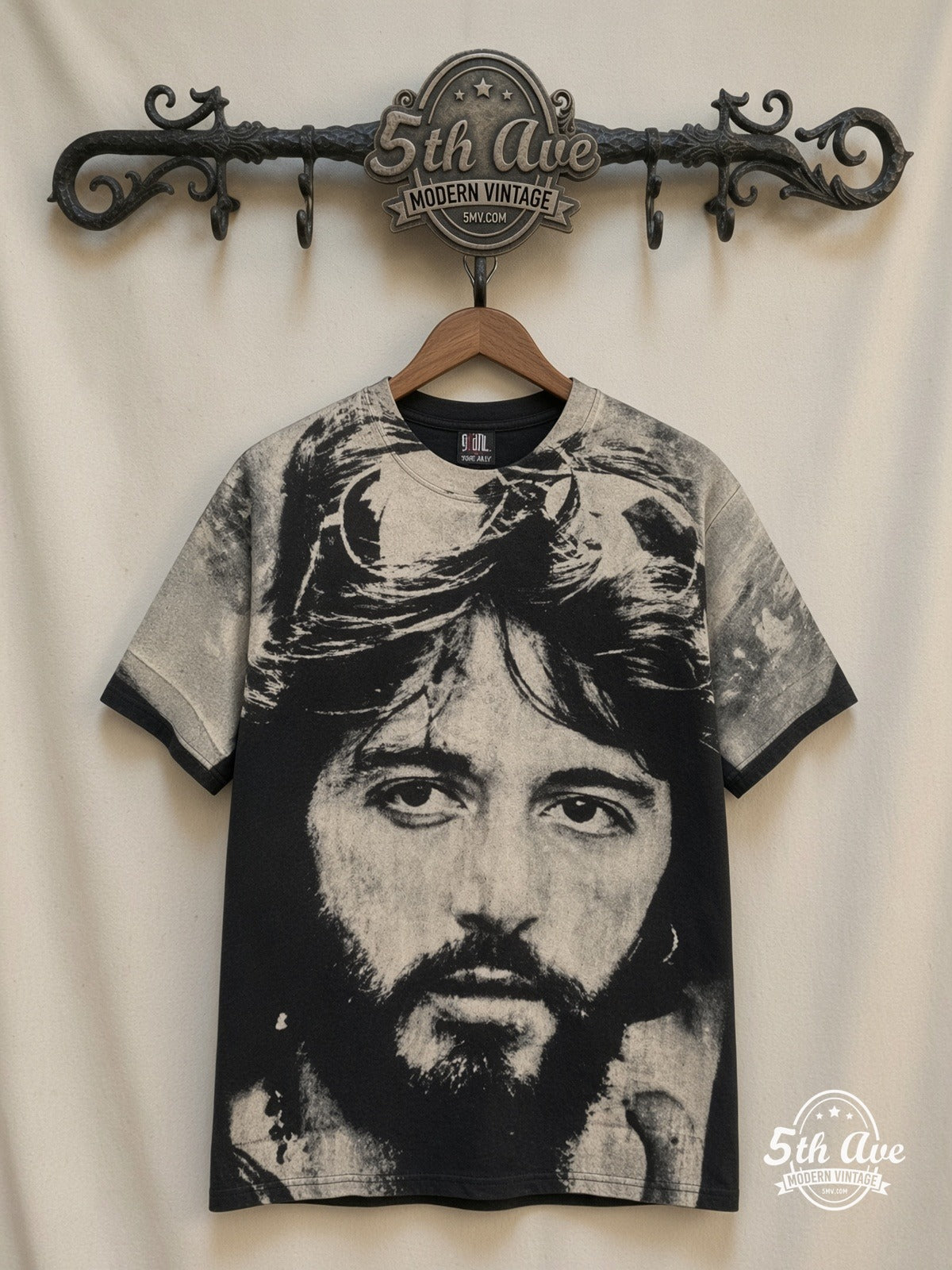 Al Pacino Serpico Sunglasses Variant all over print vintage graphic tee front on cream 5th Ave rack