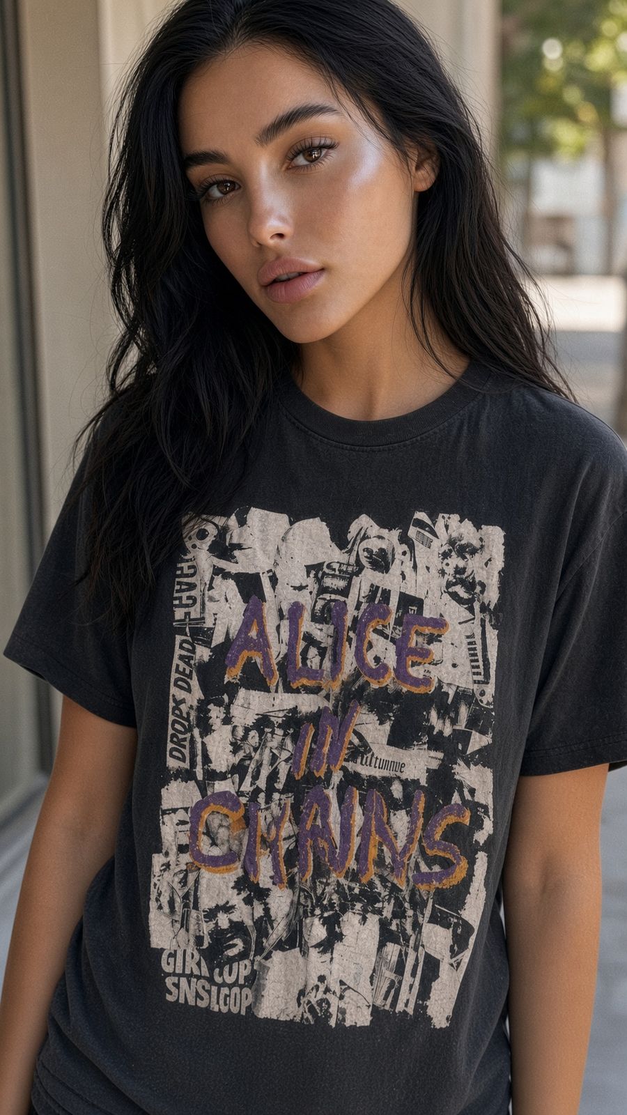 Model wearing Alice In Chains European Tour 1993 vintage band t-shirt