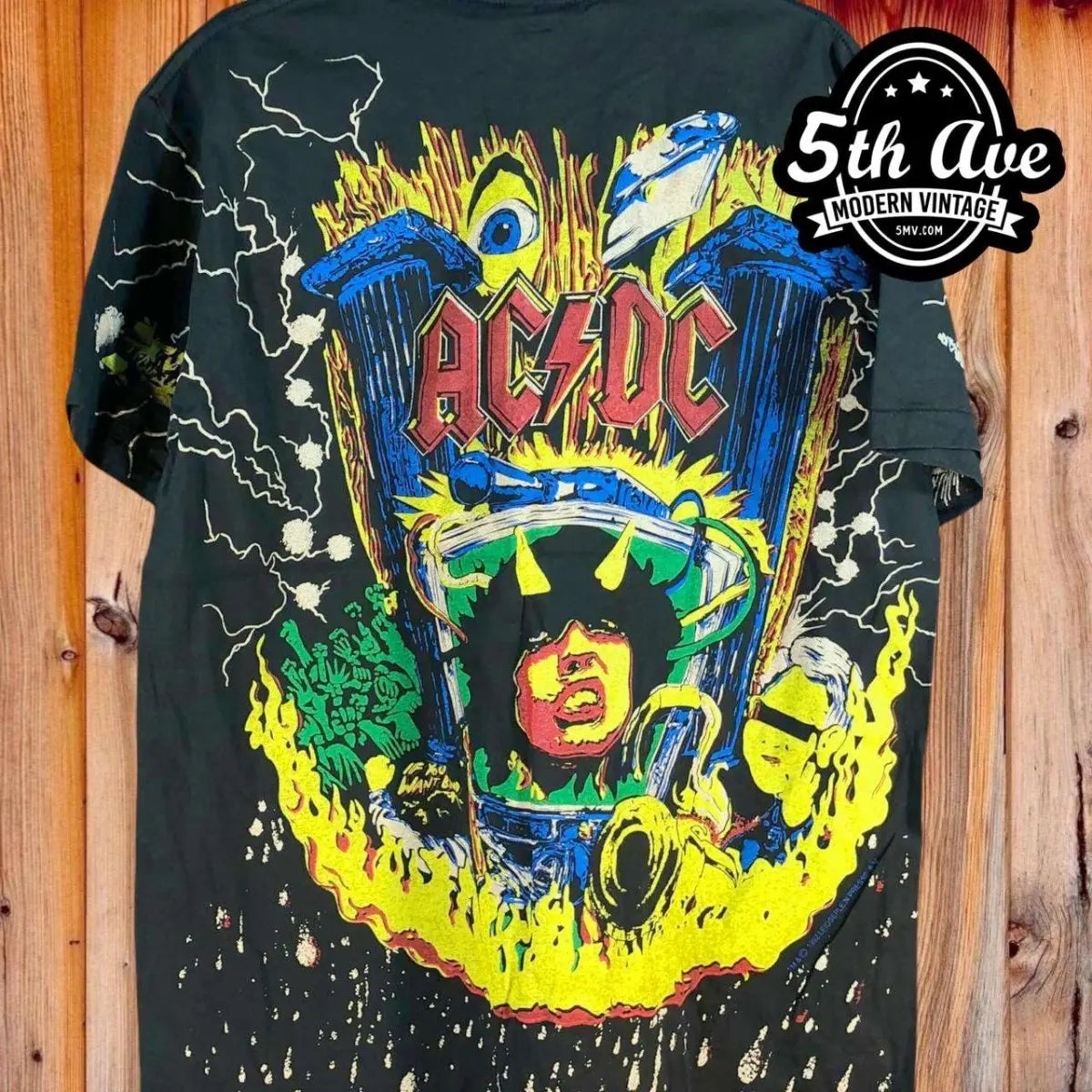 Angus Young Thunderstruck: AC/DC All Over Print Single Stitch t shirt with Giant Tag - Vintage Band Shirts
