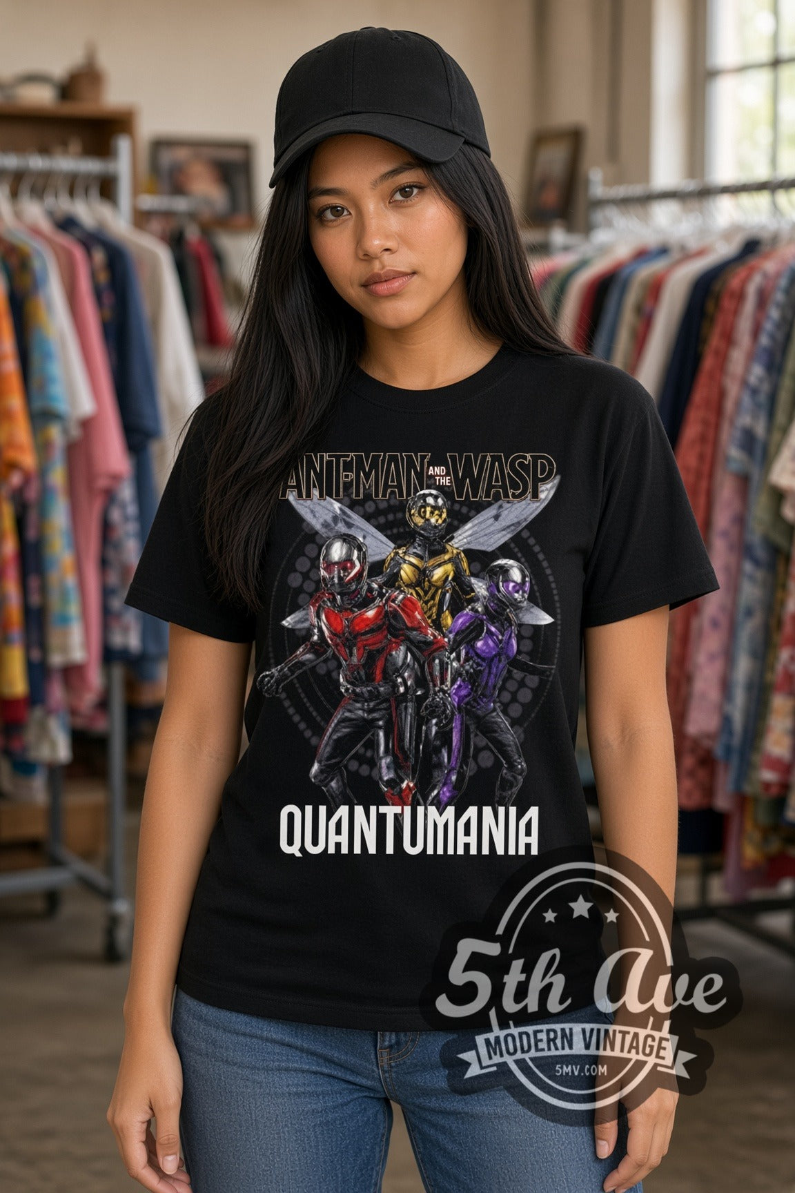 Woman wearing Ant-Man Quantumania double stitched black graphic tee