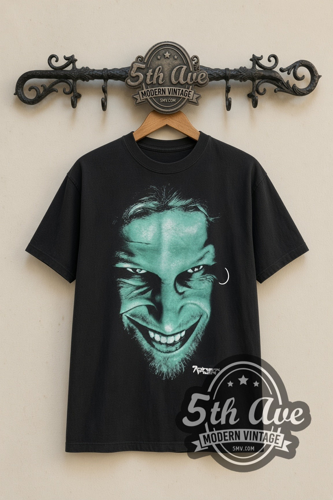 Aphex Twin Richard D. James Grin & Logo band t-shirt front on 5th Ave iron rack