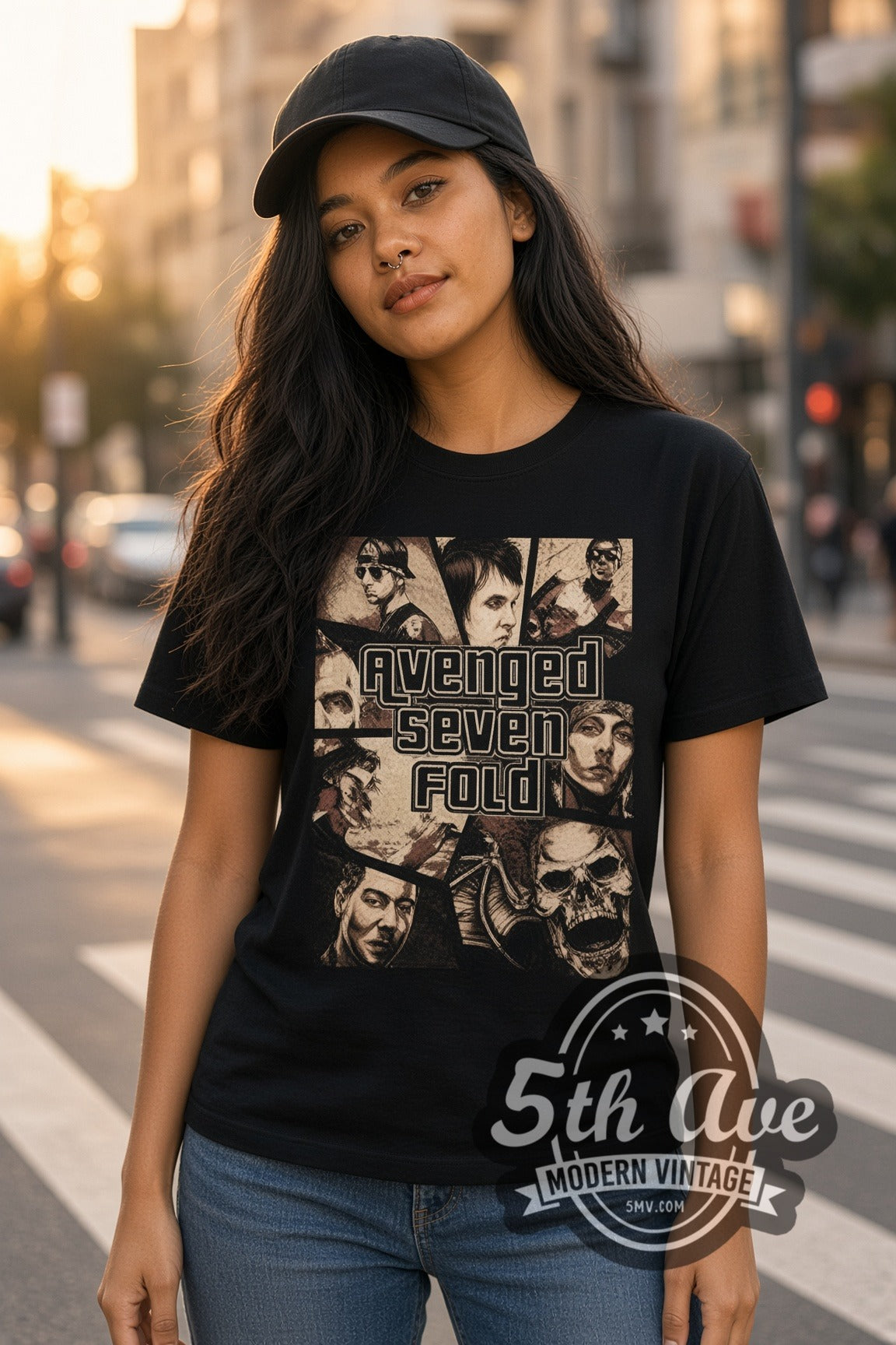 Woman wearing Avenged Sevenfold Comic Panel Collage double stitched black graphic tee