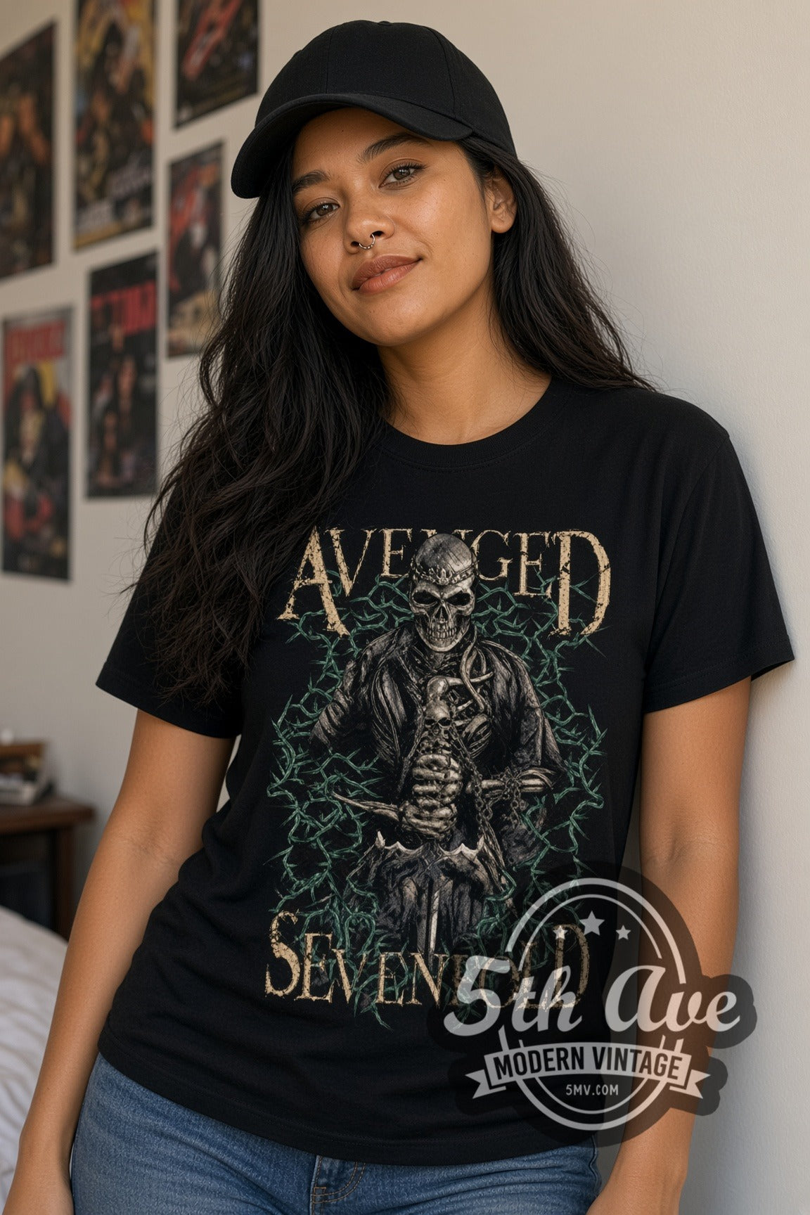 Woman wearing Avenged Sevenfold Skeleton in Barbed Wire double stitched black graphic tee