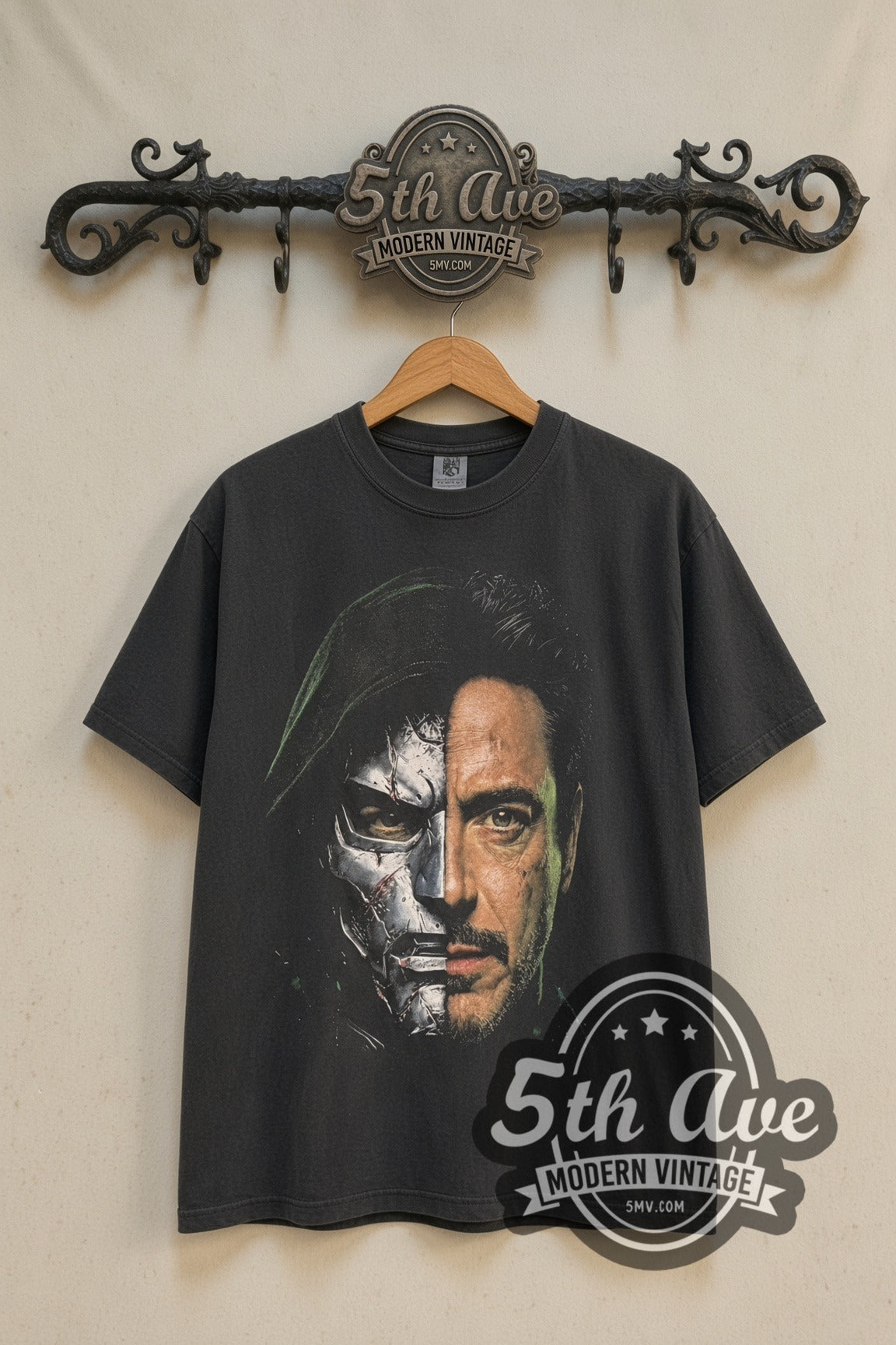 Avengers Doomsday Doctor Doom split face t-shirt front on the 5MV rack