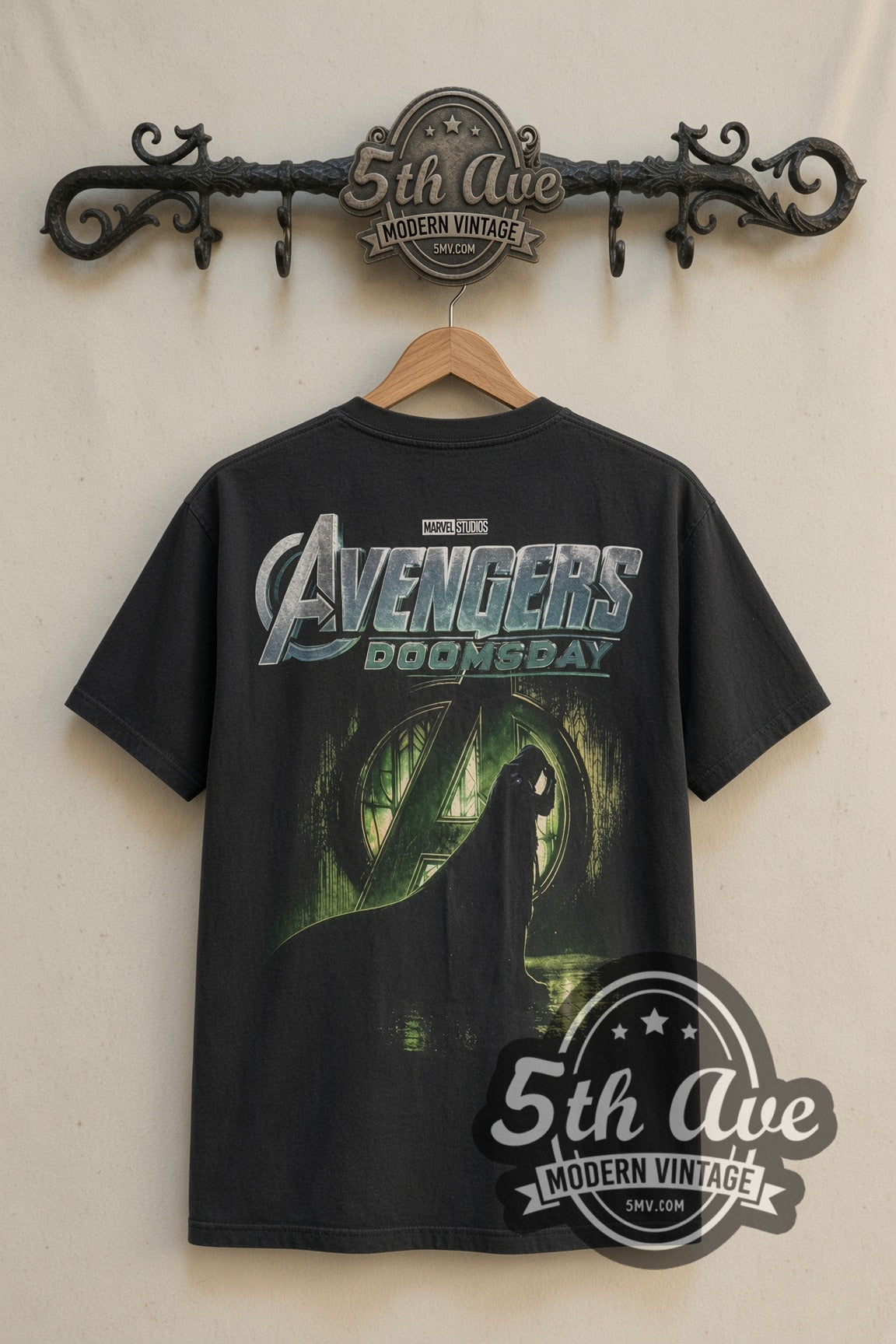 Back print of Avengers Doomsday logo tee on the 5MV rack