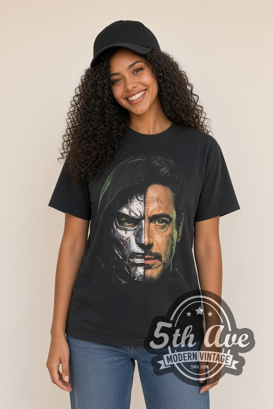 Woman wearing black Avengers Doomsday Doctor Doom movie t-shirt