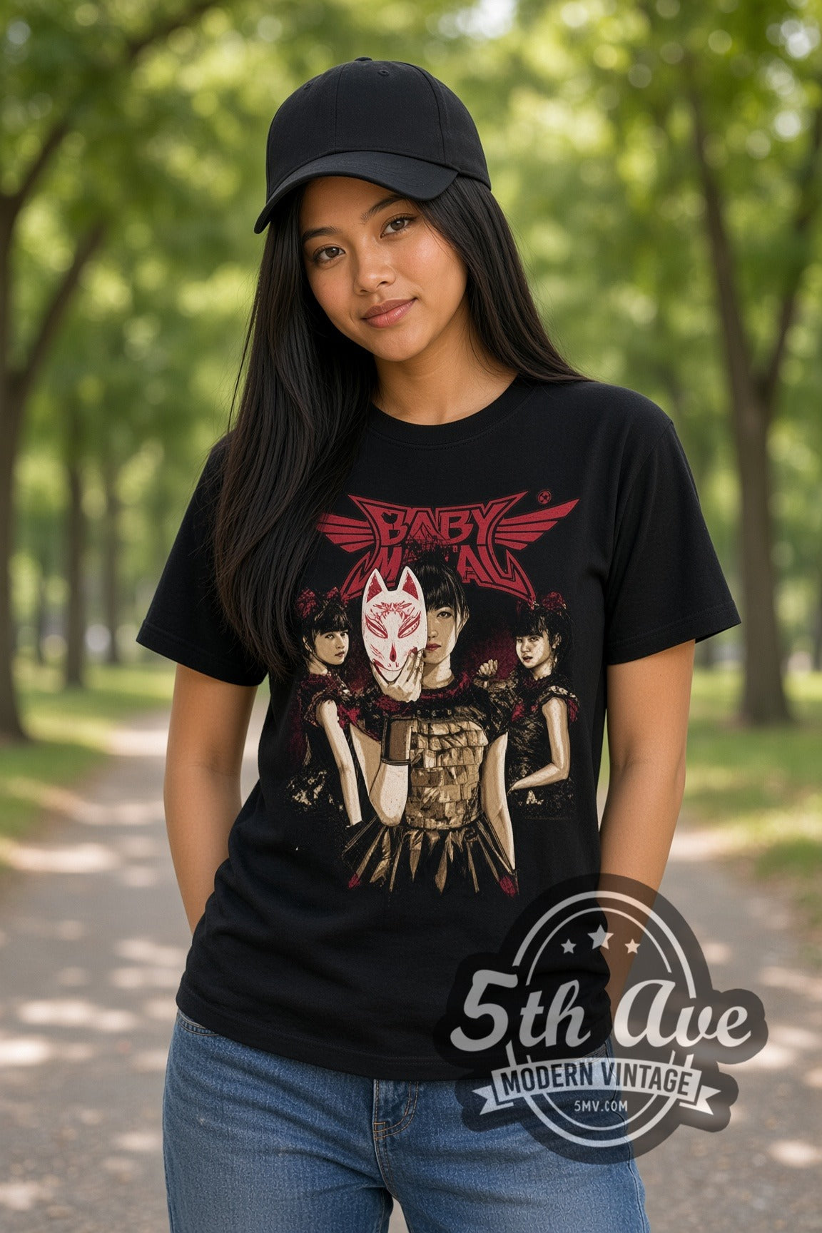 Woman wearing Babymetal Fox Mask Trio double stitched black graphic tee