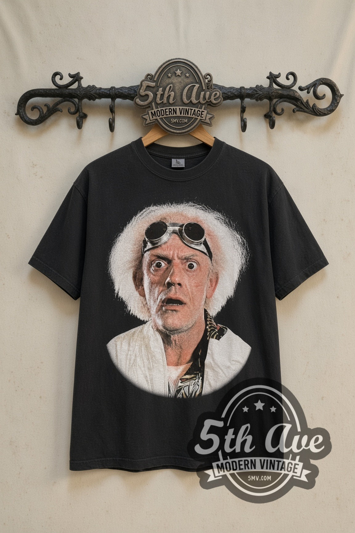 Back to the Future Doc Brown face movie tee front on the 5MV rack