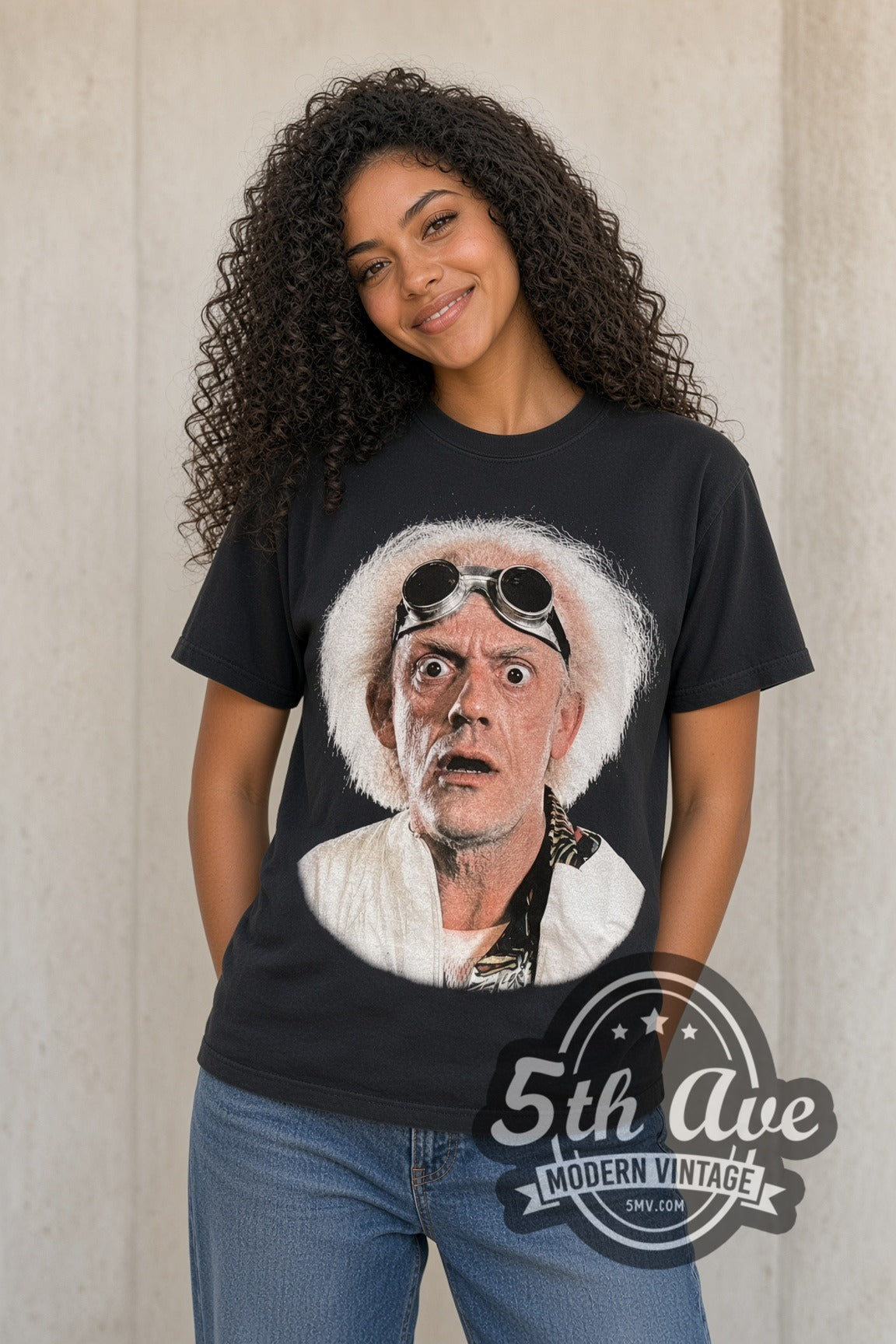 Woman wearing black Back to the Future vintage movie t-shirt