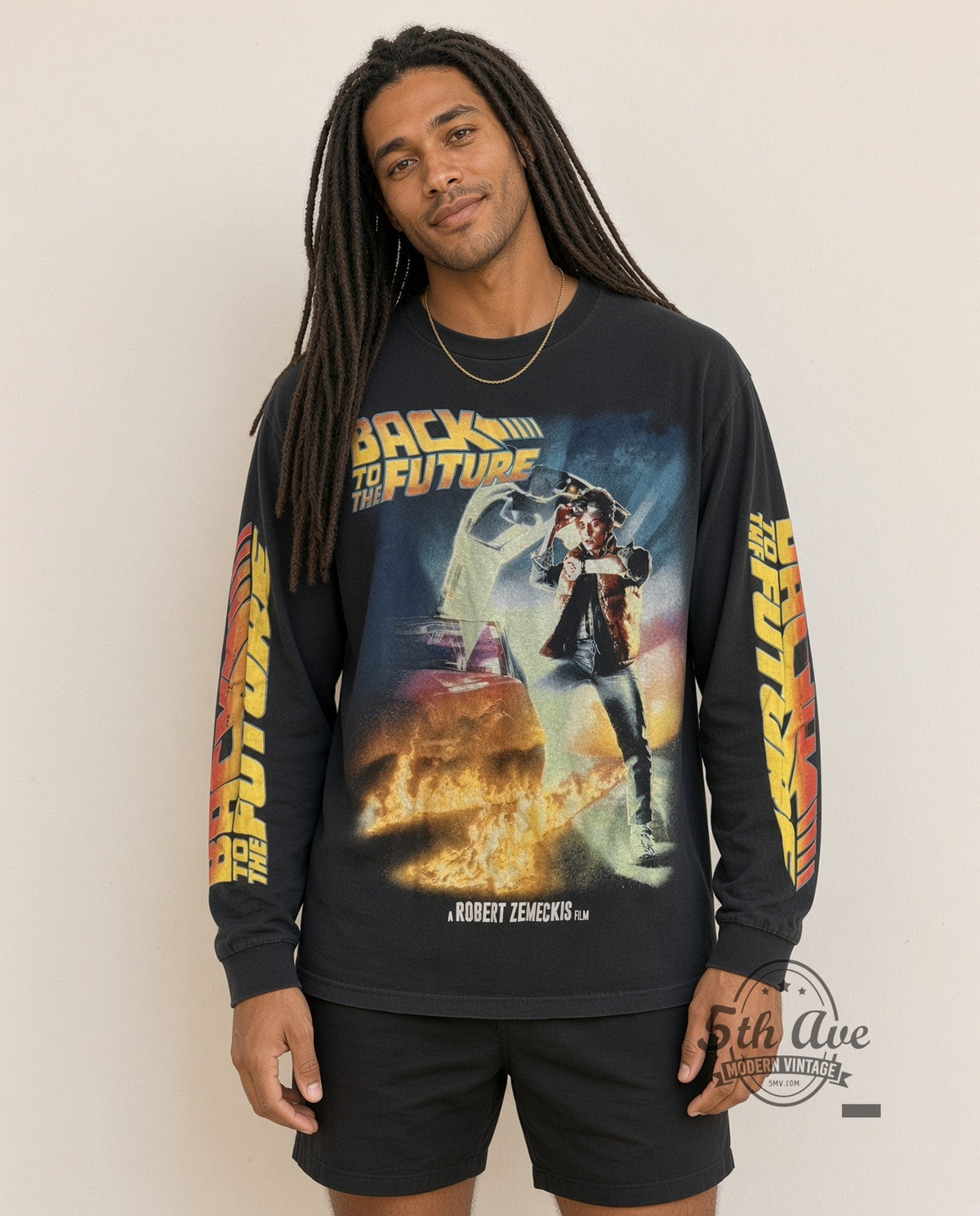 Model wearing Back to the Future Where We're Going Poster Long Sleeve vintage movie tee