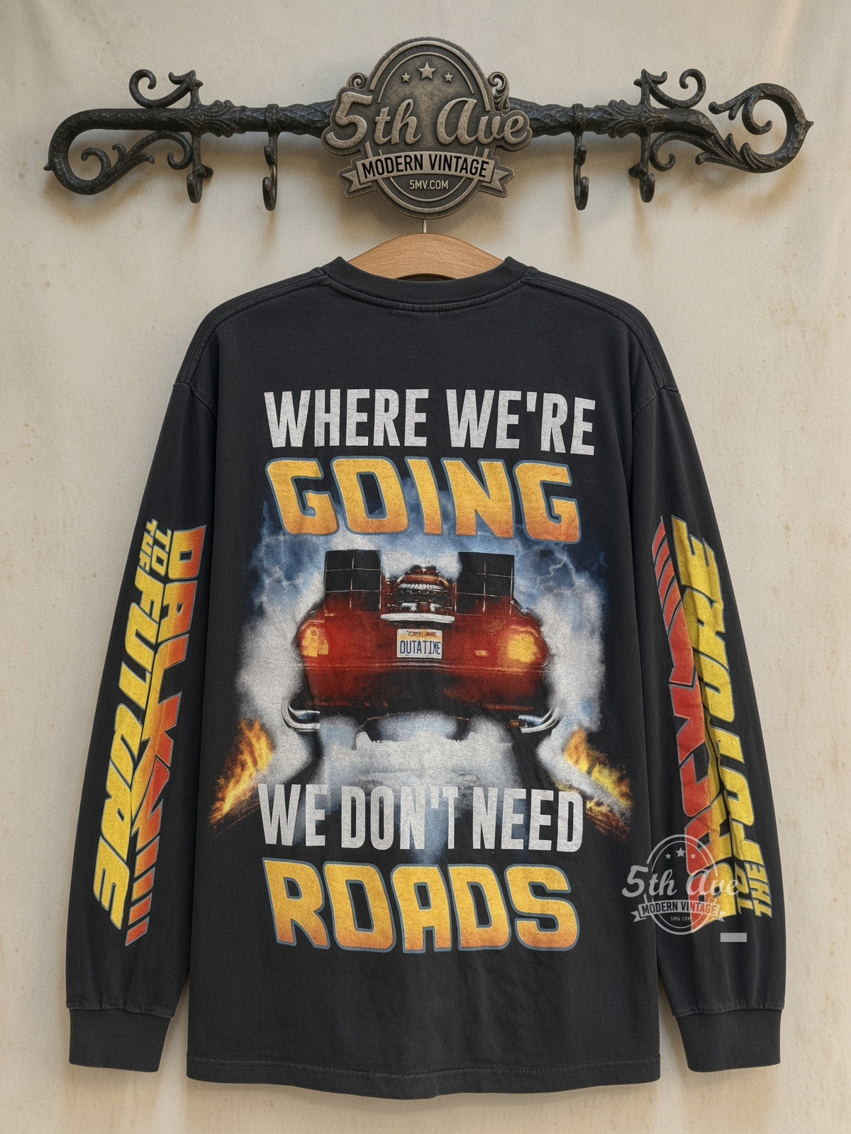 Back to the Future Where We're Going Poster Long Sleeve vintage movie tee back on cream 5th Ave rack