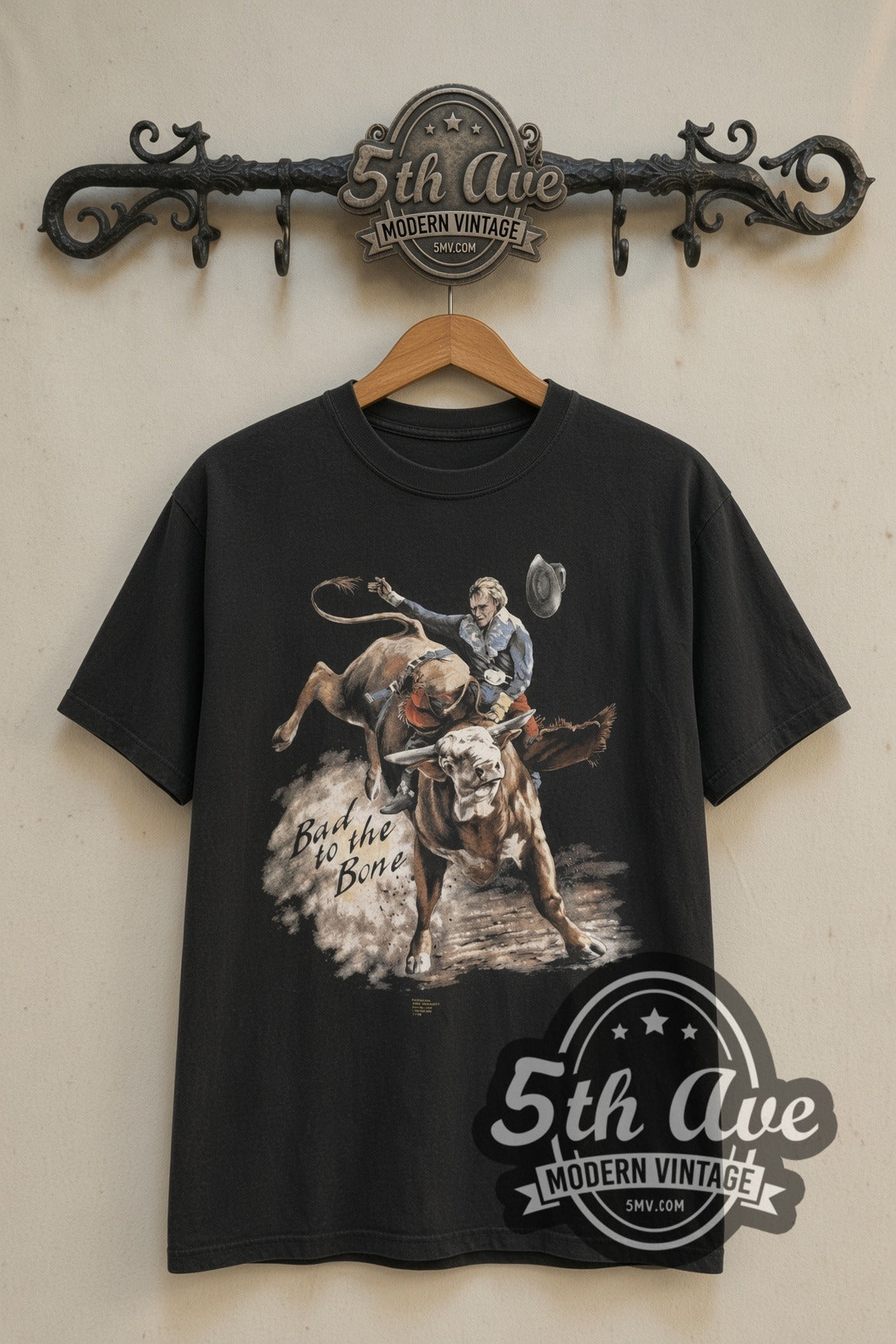 Bad to the Bone Bull Rider & Truckers World Eagle graphic tee front on 5th Ave iron rack