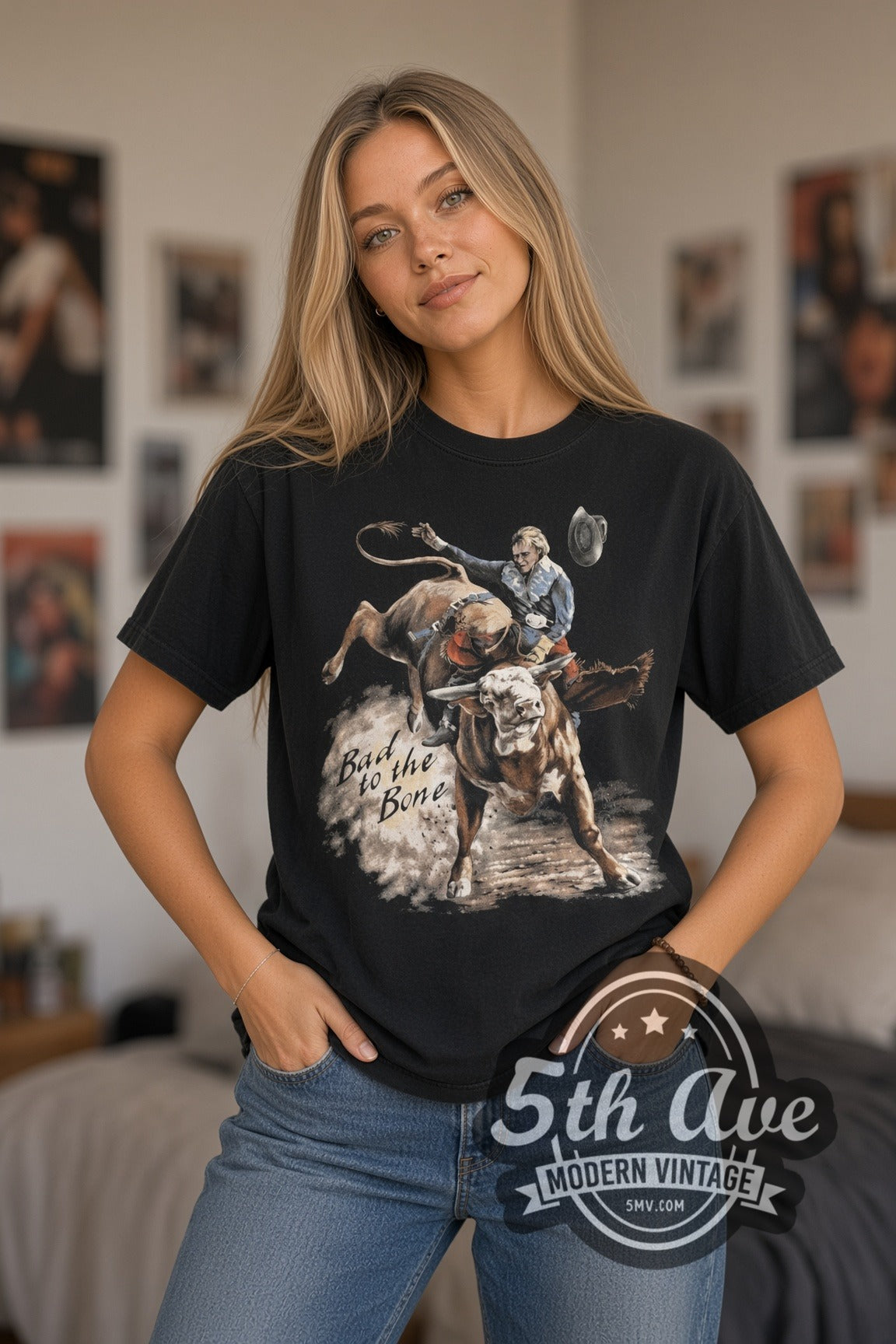 Woman wearing black Bad to the Bone Bull Rider & Truckers World Eagle vintage graphic tee