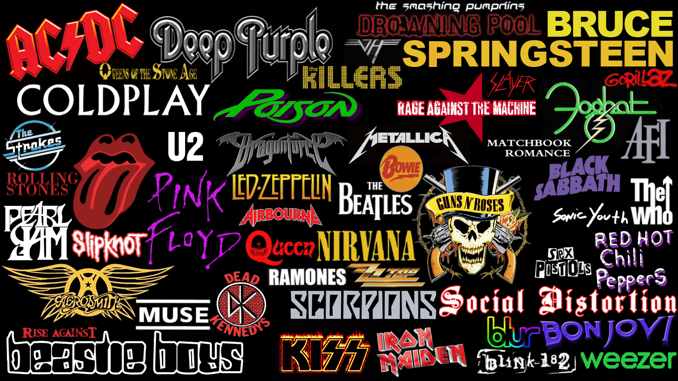 Variety of bands logos on a black background