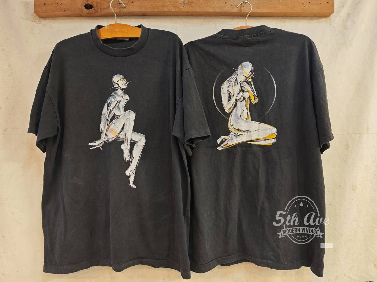 Hajime Sorayama vintage band t-shirt front and back on hangers
