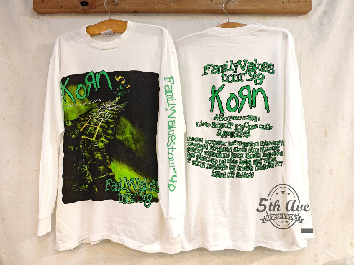 Korn vintage band t-shirt front and back on hangers