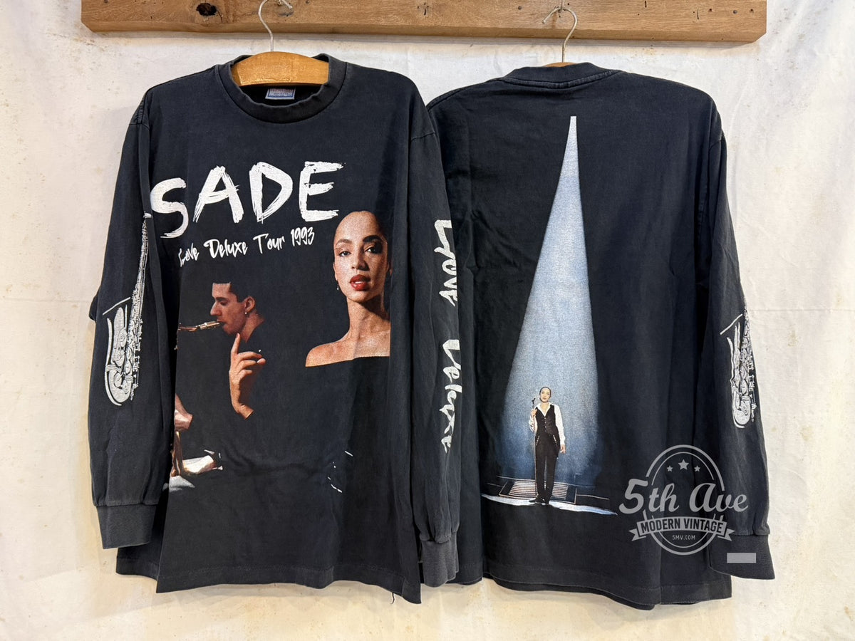 Sade vintage band t-shirt front and back on hangers