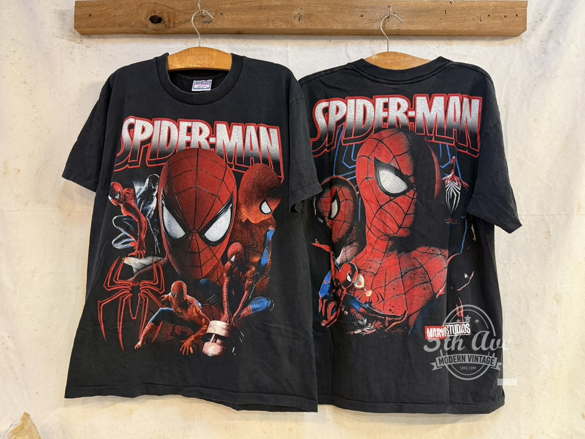 Spider-Man vintage band t-shirt front and back on hangers