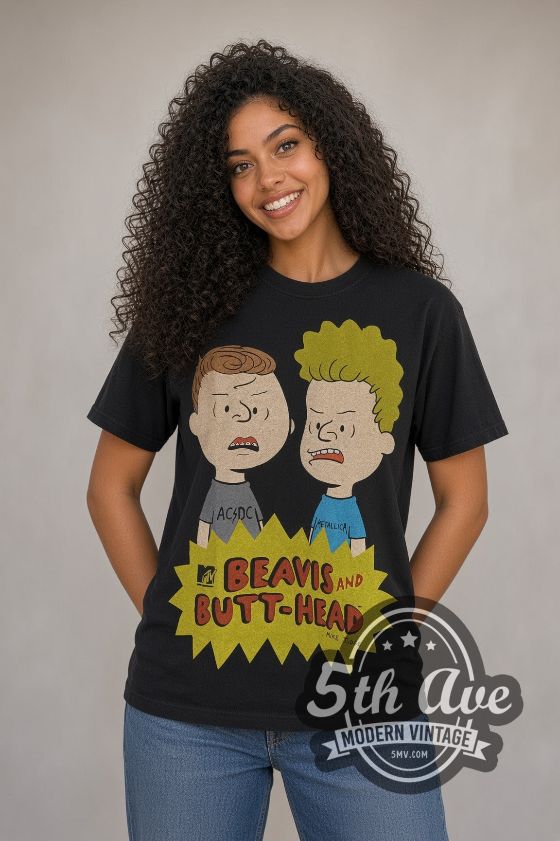 Woman wearing black Beavis and Butt-Head Comic Strip Couch vintage cartoon tee