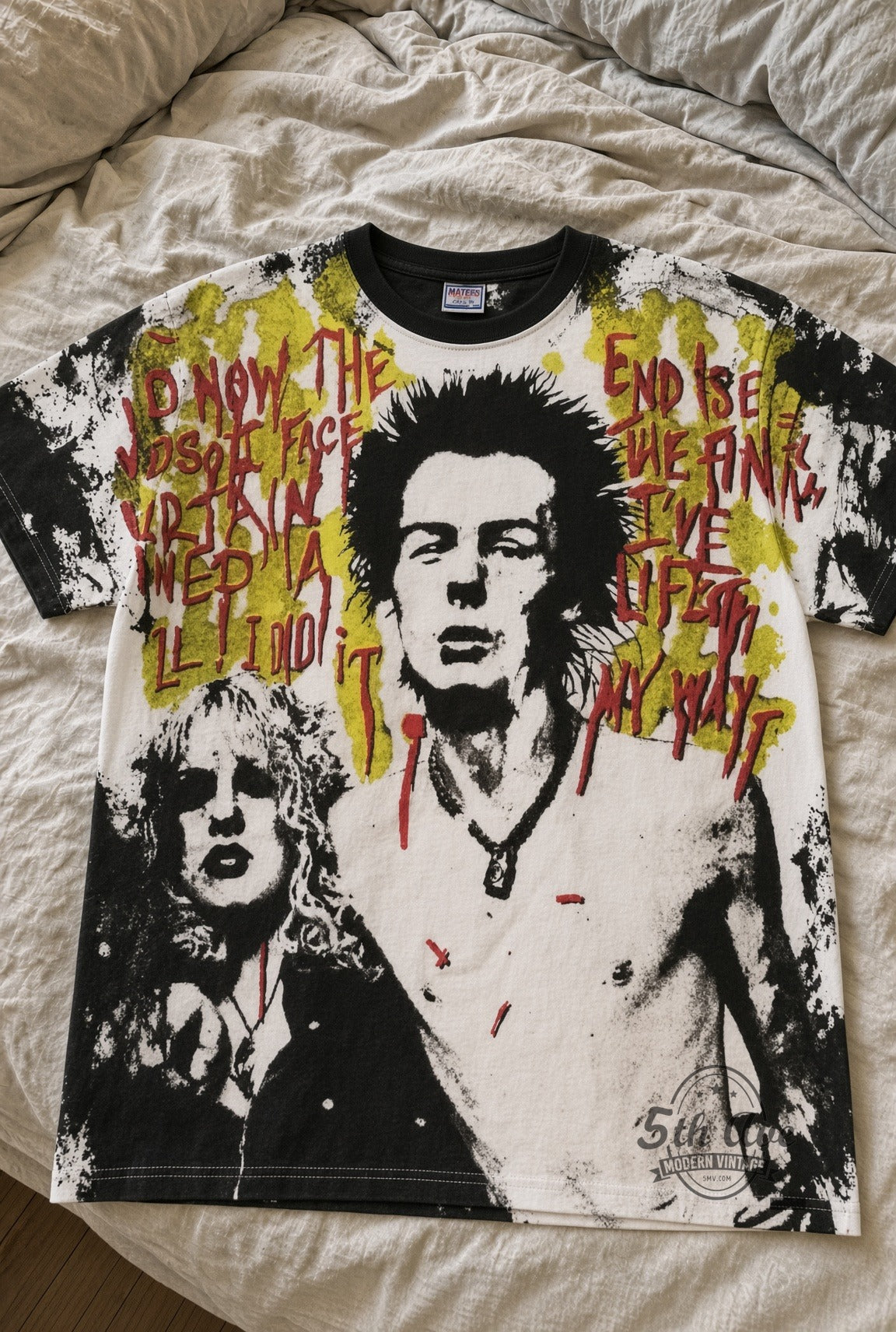 Sex Pistols Sid Vicious Sid and Nancy all-over print vintage band t-shirt – laid flat on bed