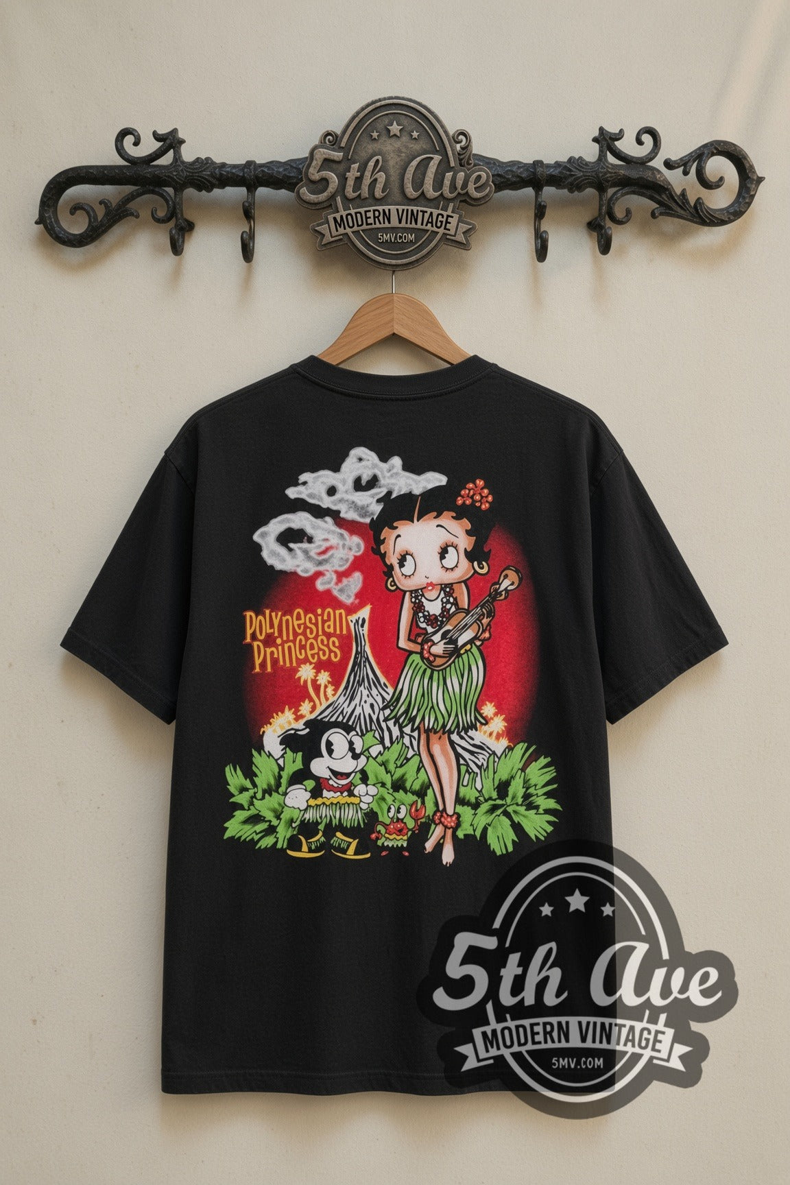 Betty Boop Aloha Hawaii Polynesian Princess cartoon tee in black, back view on a display rack