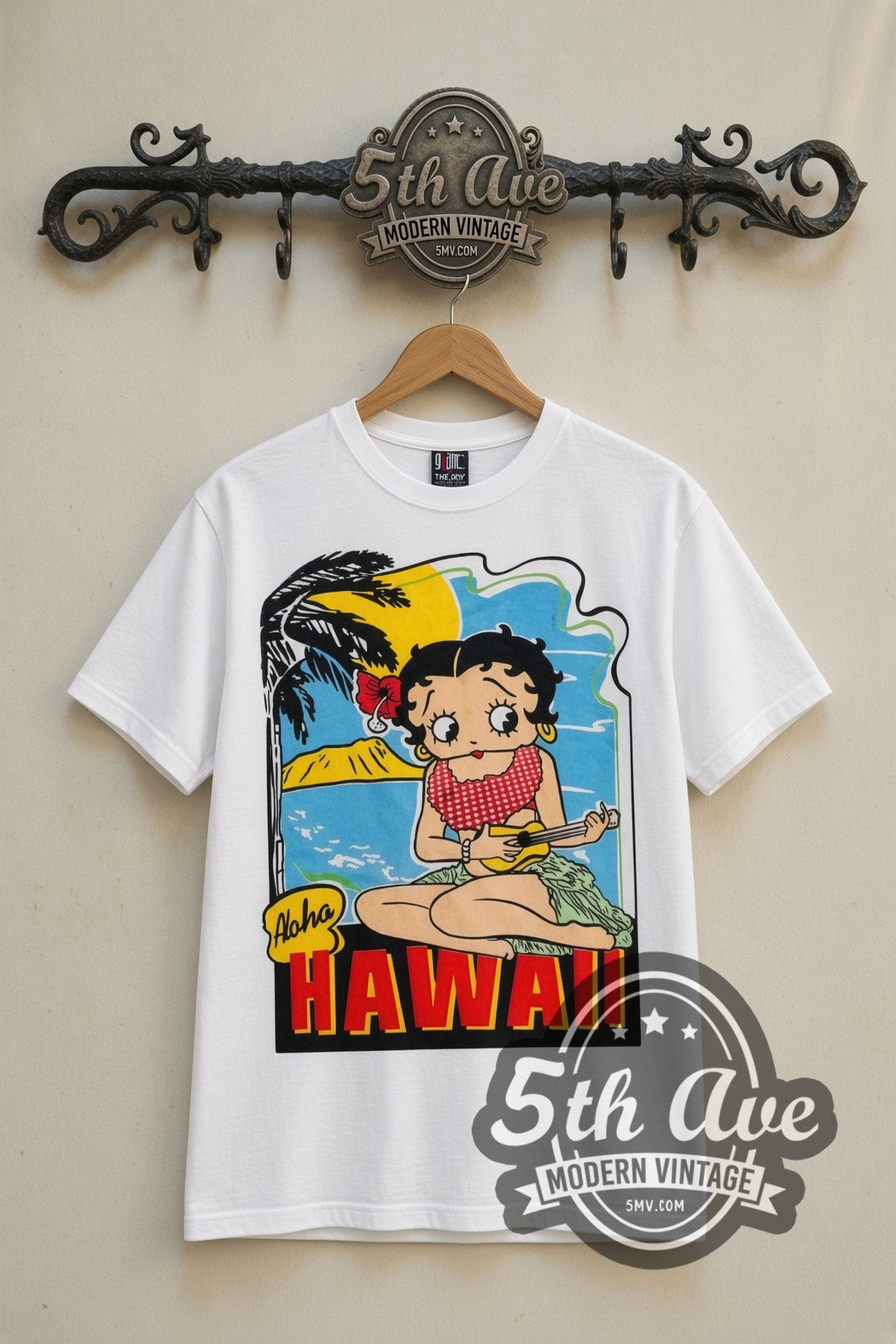 Betty Boop Aloha Hawaii Polynesian Princess cartoon tee in white, front view on a display rack