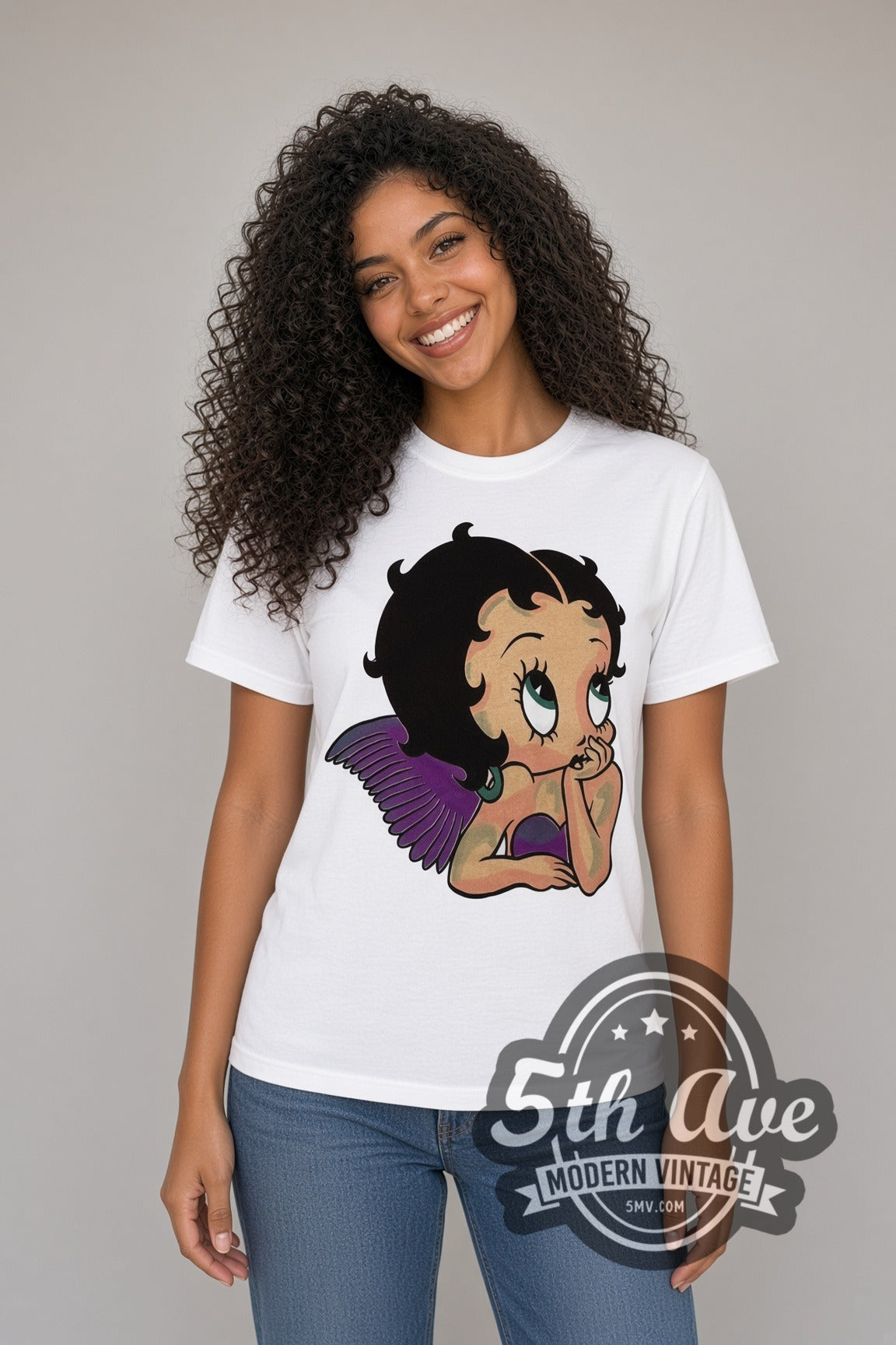 Model wearing the Betty Boop Angel Wings cartoon tee in white