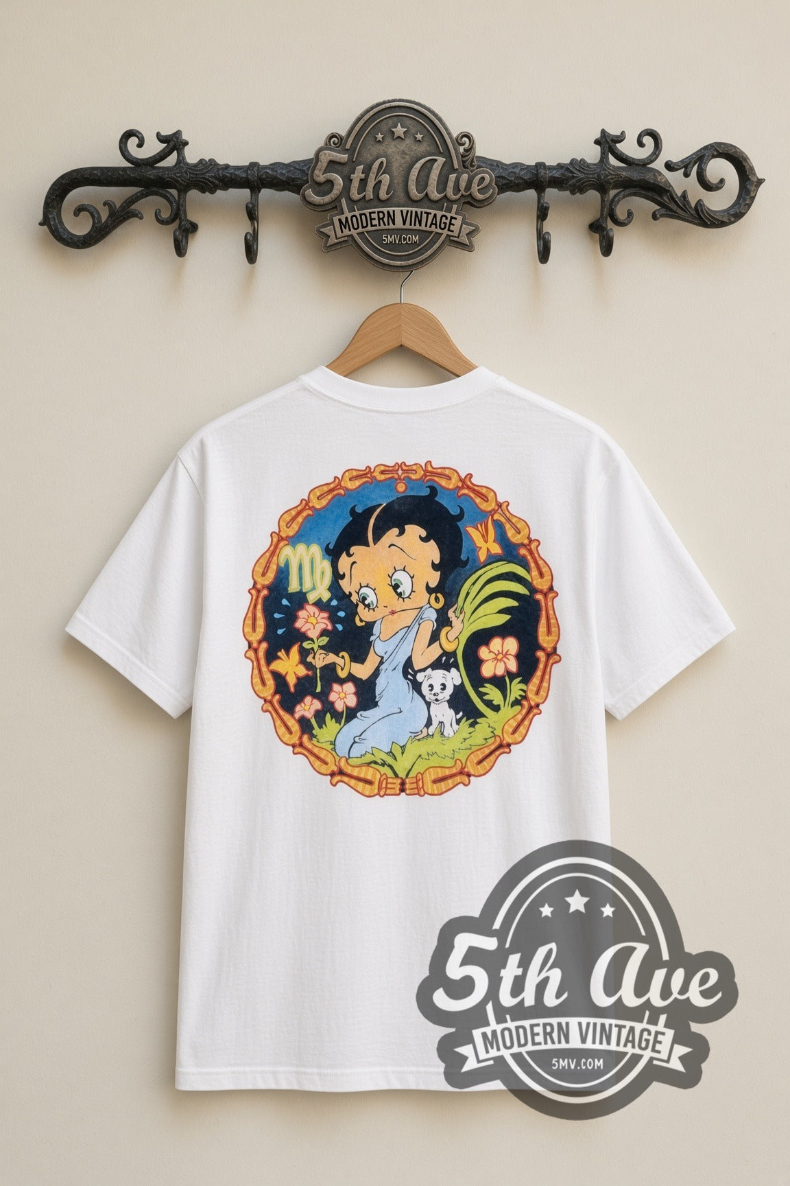 Betty Boop Beach Crab Floral Circle cartoon tee in white, back view on a display rack