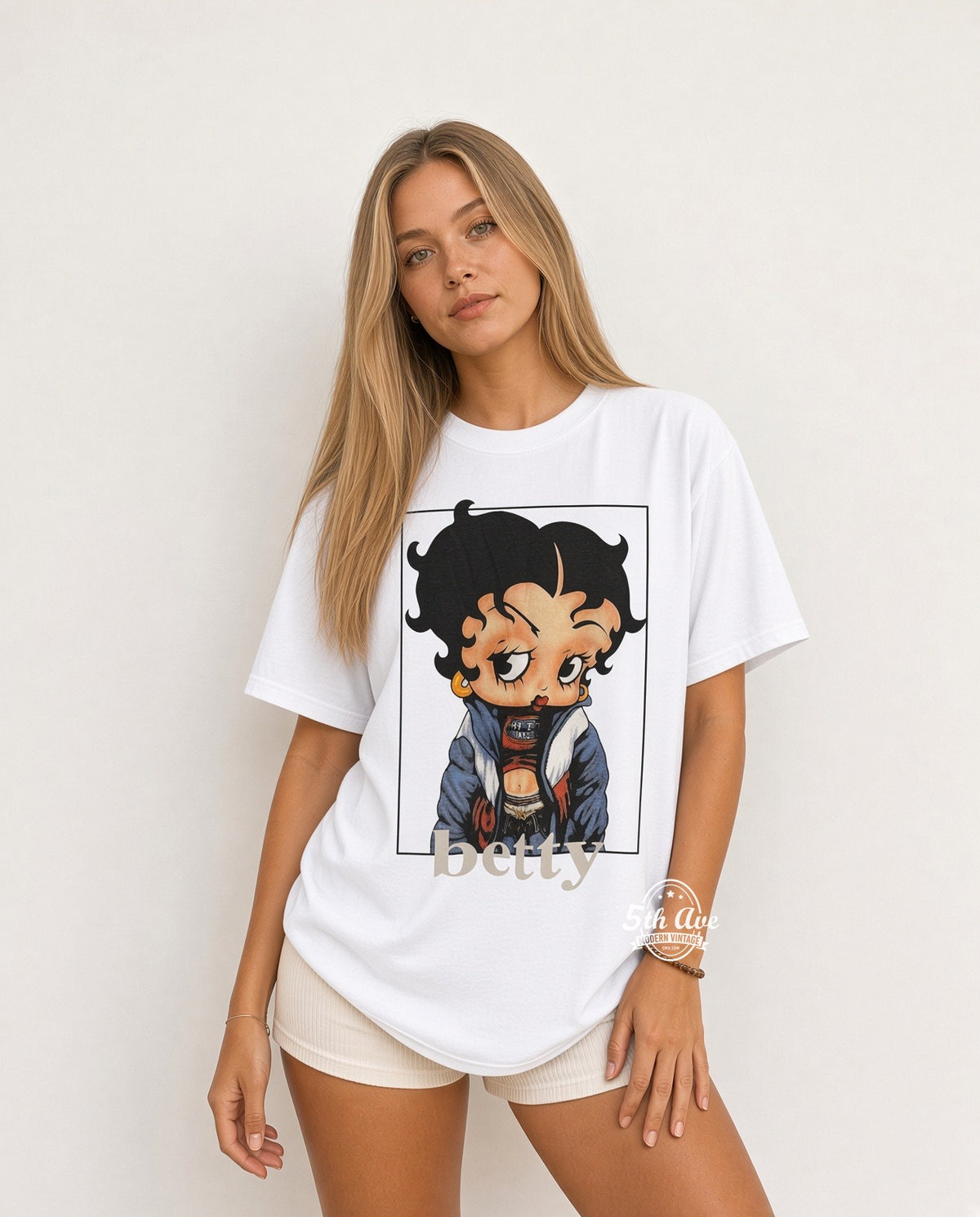 Model wearing Betty Boop Blue Puffer Jacket Urban Portrait vintage t-shirt