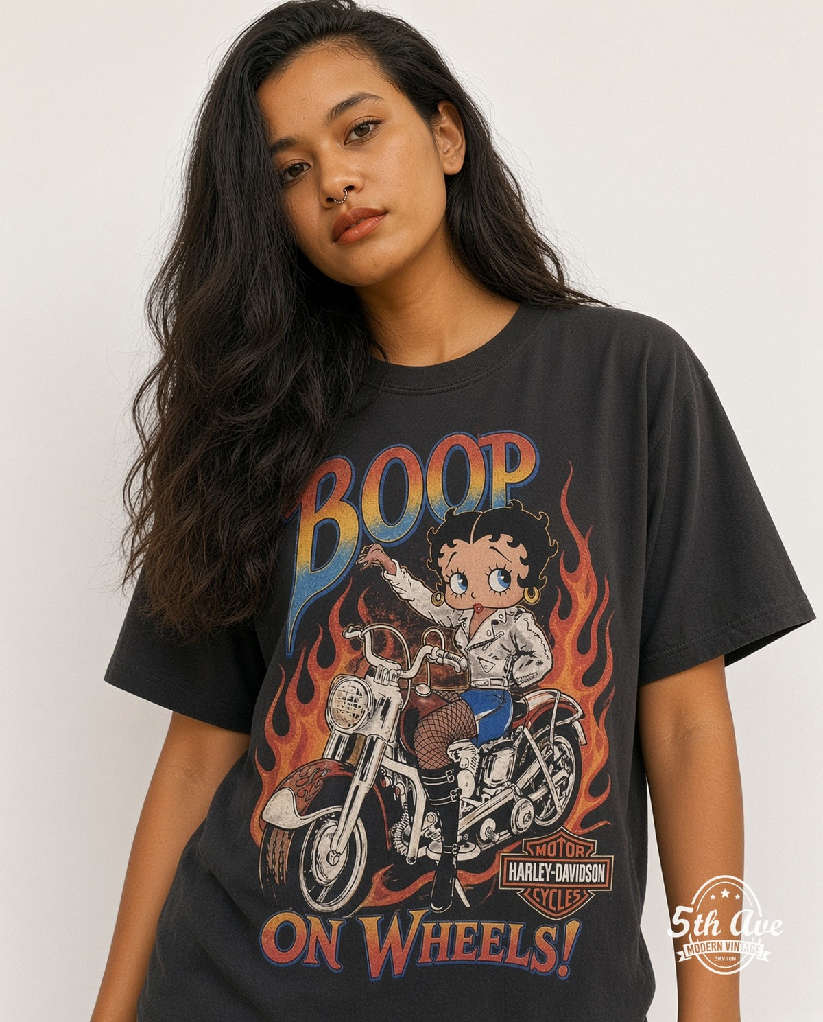 Model wearing Betty Boop Boop On Wheels Harley-Davidson vintage t-shirt