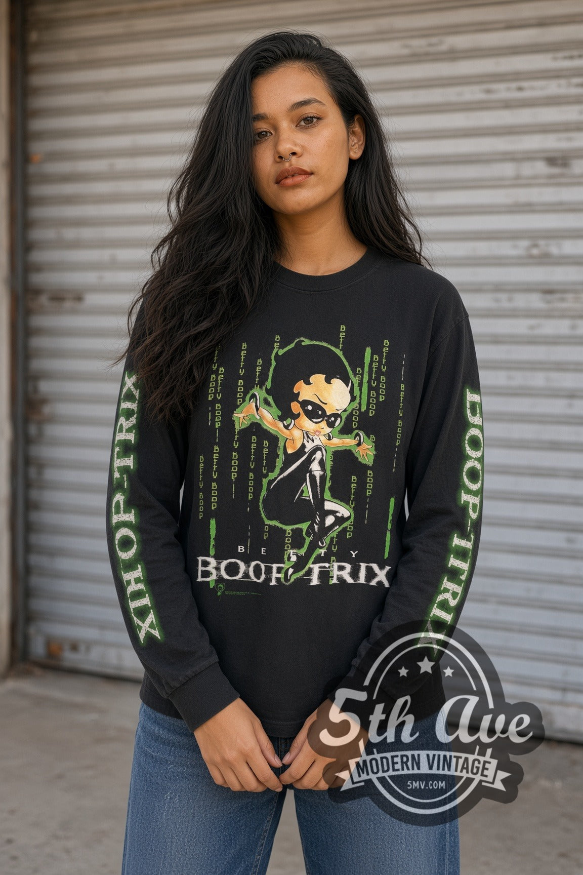 Woman wearing black Betty Boop Boop-Trix Matrix Parody vintage cartoon tee