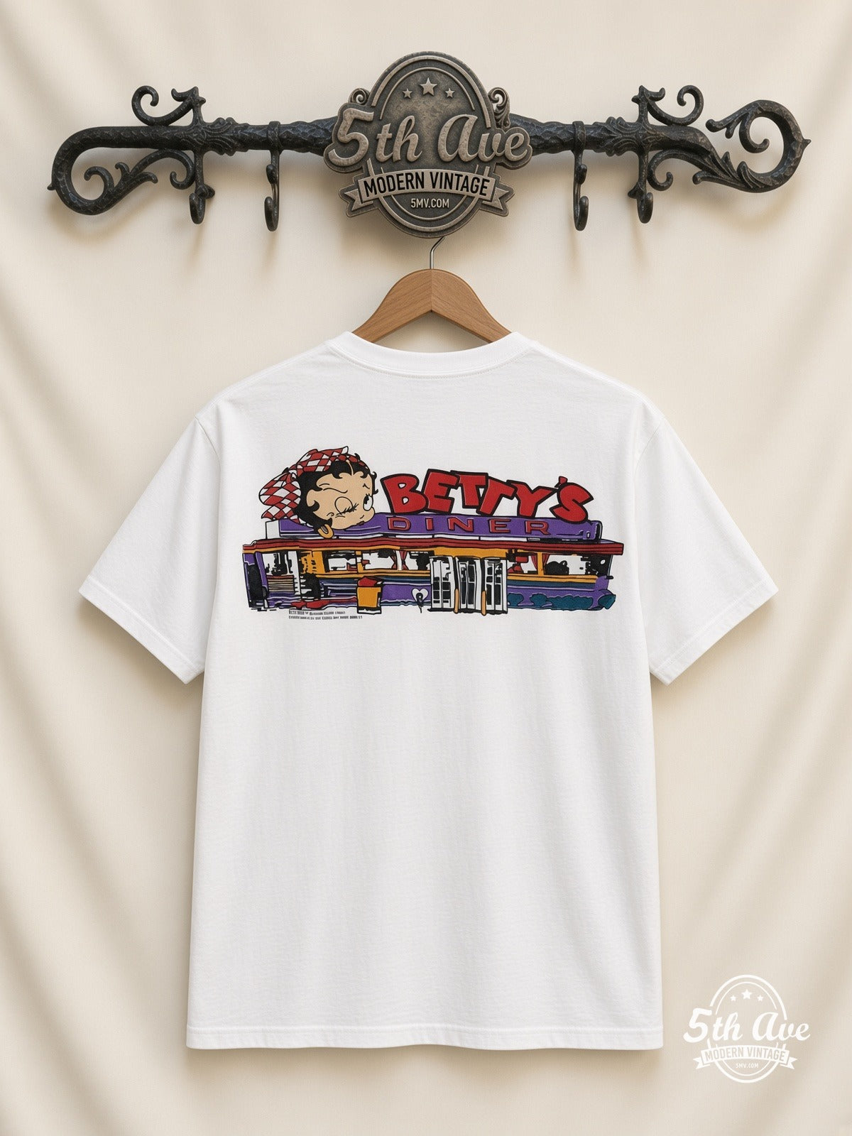 Betty Boop Betty Boop Checkered Dress Abstract all over print vintage tee back on cream 5th Ave rack