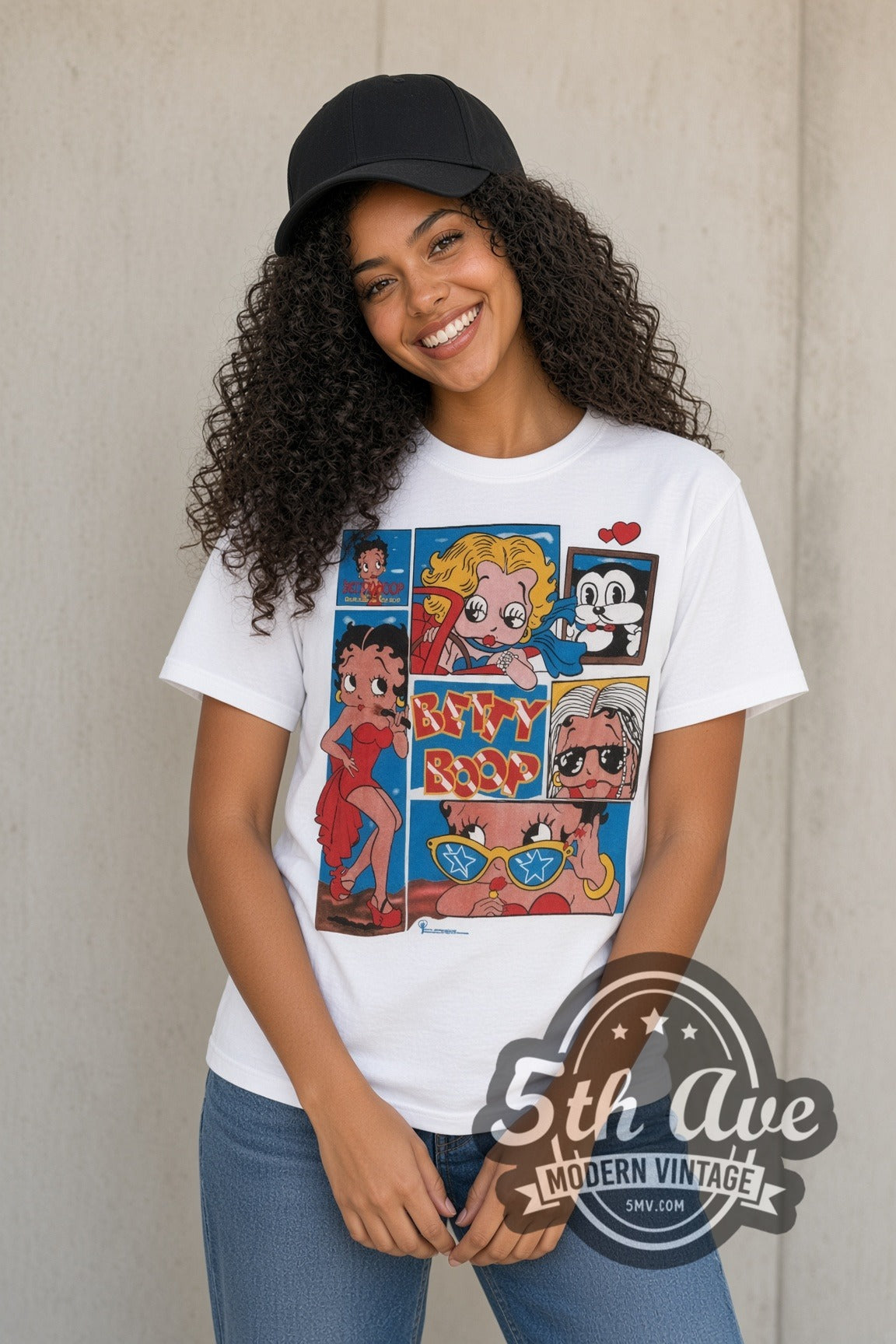 Model wearing the Betty Boop Comic Collage cartoon tee in white