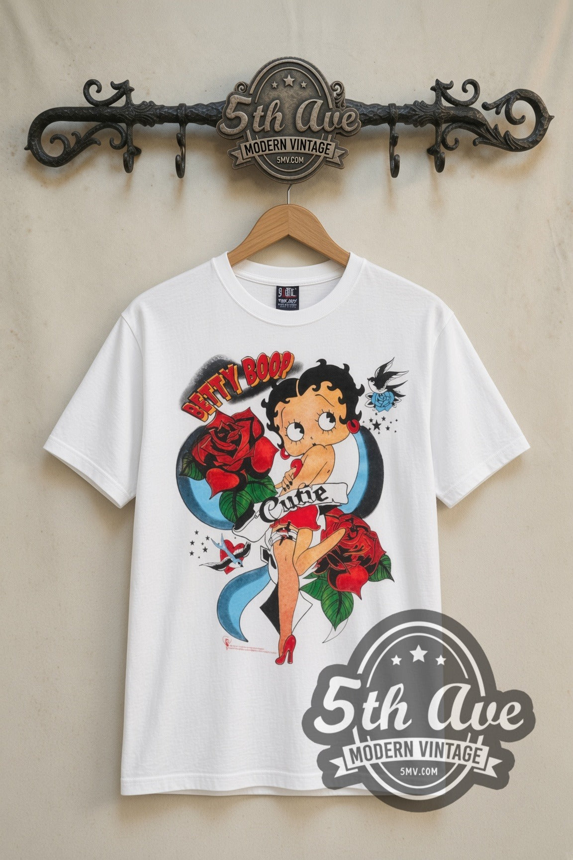 Betty Boop Cutie Tattoo Roses cartoon tee in white, front view on a display rack