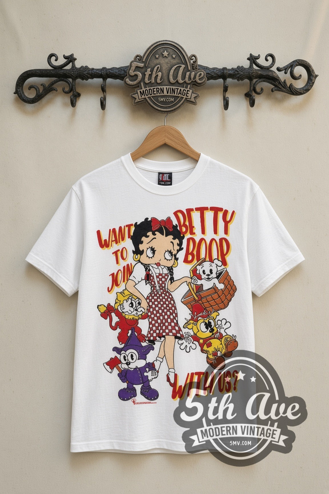 Betty Boop Happy Holidays cartoon tee in white, front view on a display rack