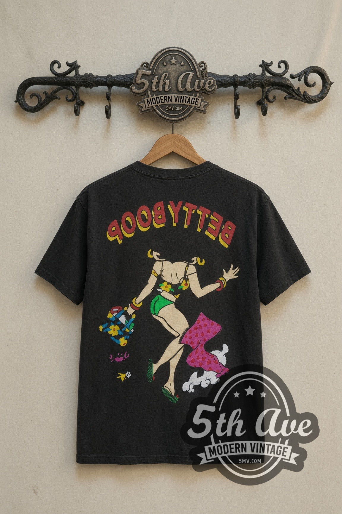 Betty Boop Hula Walk with Dog cartoon tee in black, back view on a display rack