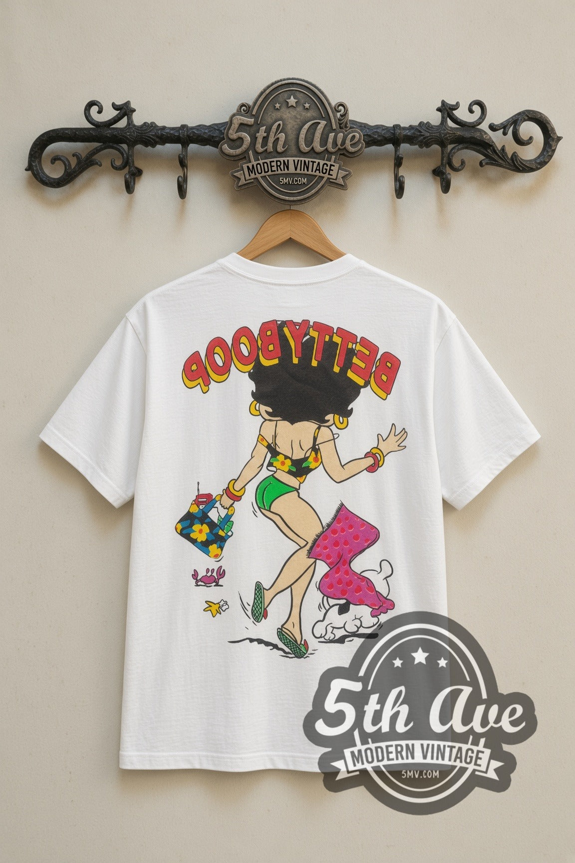 Betty Boop Hula Walk with Dog cartoon tee in white, back view on a display rack