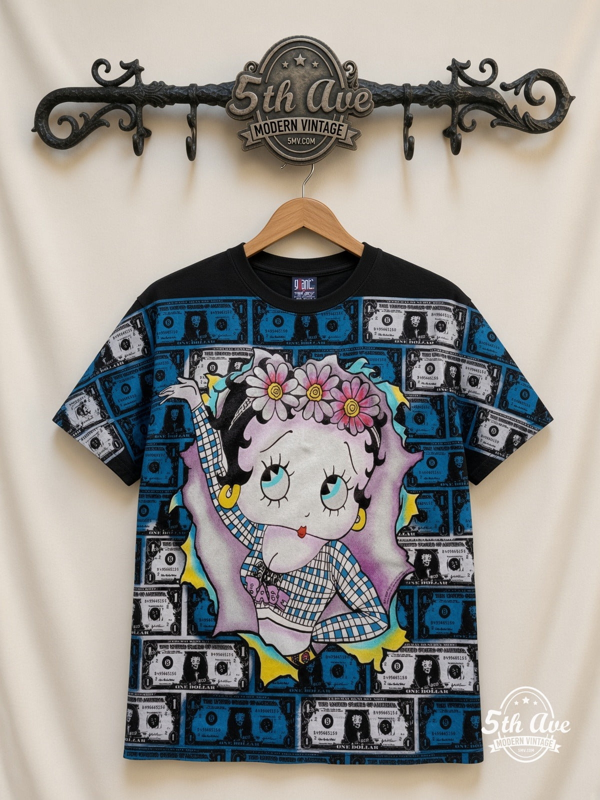 Betty Boop Betty Boop Hundred Dollar Bills all over print vintage cartoon t-shirt front on cream 5th Ave rack