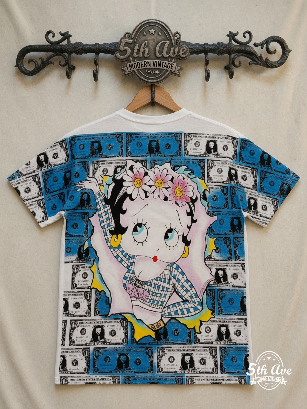 Betty Boop Betty Boop Hundred Dollar Bills all over print vintage tee back on cream 5th Ave rack